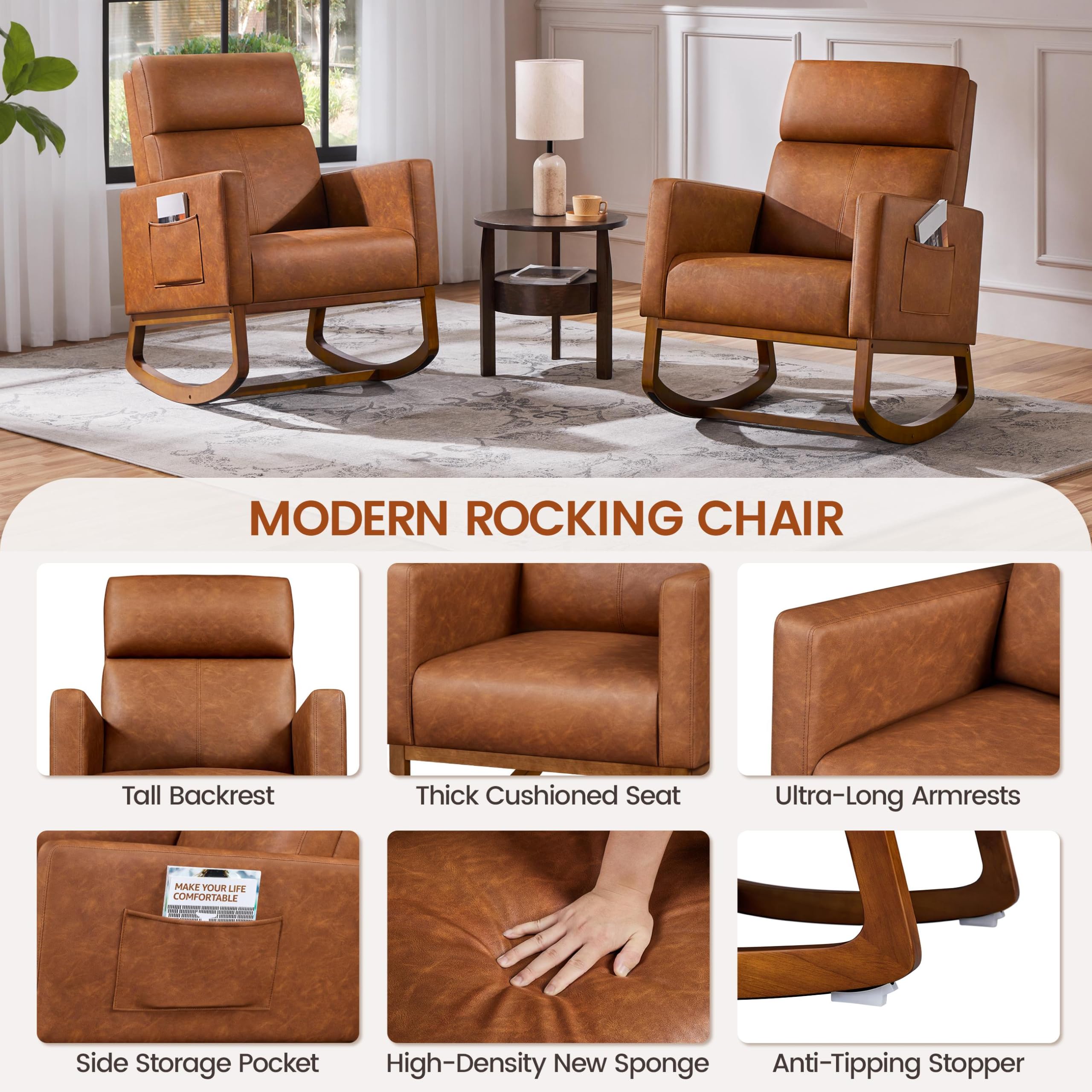 Yaheetech Modern Faux Leather Glider Rocking Chair with Rubber Wood Legs & Side Pocket - Nursery, Living Room, Bedroom Accent Armchair - Perfect for Nursing, Reading & Relaxing (Brown)