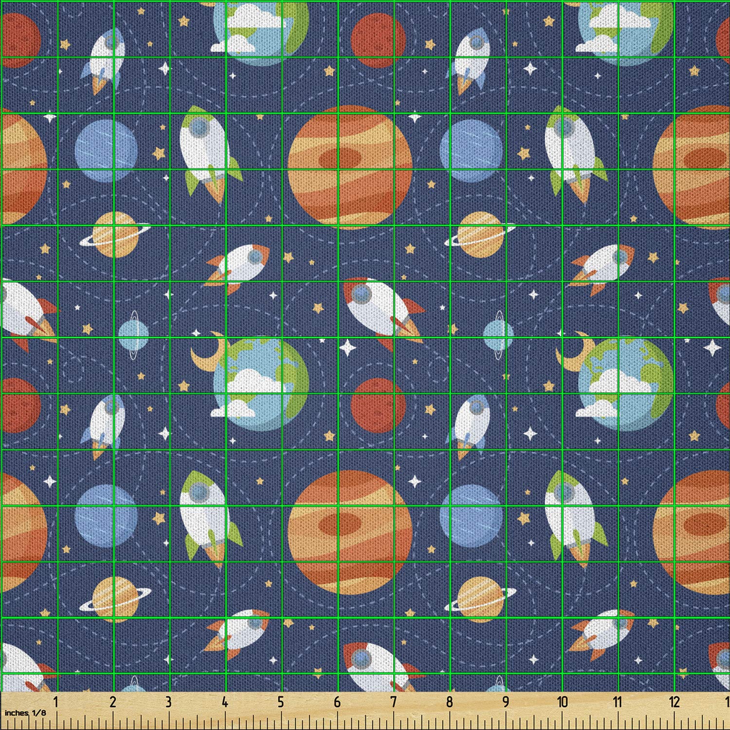Lunarable Outer Space Fabric by The Yard - Comic Style Planets & Spaceships on Night Blue Starry Background | Microfiber Material for DIY Crafts, Sewing Projects & Home Decor (10 Yards, Orange) - Perfect for Space-Themed Bedding, Curtains & Wall Hangings