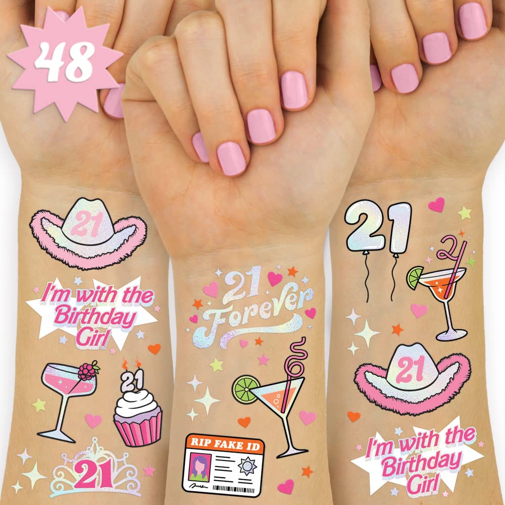 Fetti 21st Birthday Party Decorations - 48 pcs Temporary Tattoos Set | Fun Bday Girl, Finally 21, RIP Fake ID, HBD, Disco Cowgirl & Twenty One Tiara Designs - Perfect for 21st Birthday Parties, Girls Night Out & Themed Celebrations
