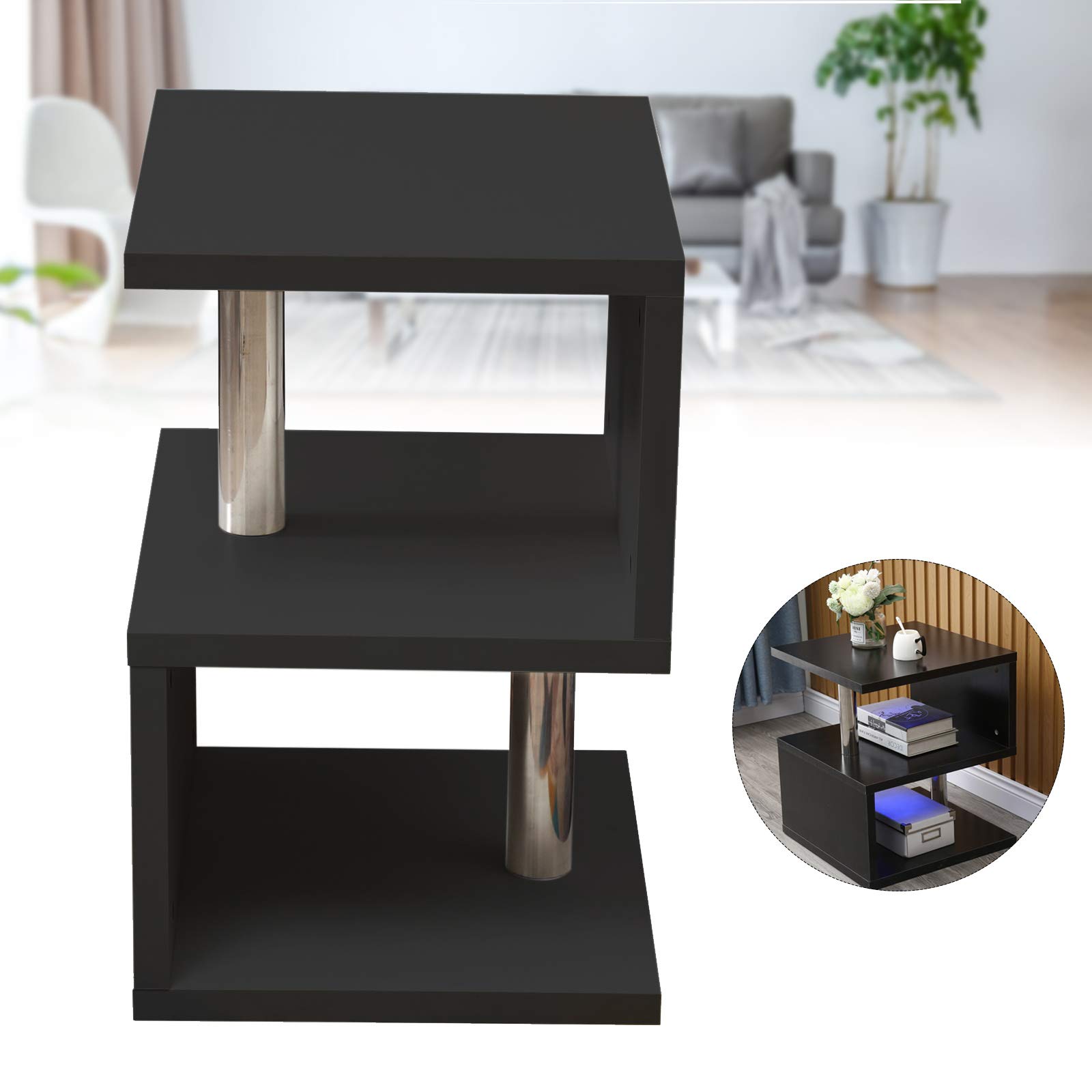 Modern Simple LED Coffee Table & Side Table - S-Shaped High Gloss Nightstand with Remote Control, Multi-Level Accent End Table for Bedroom & Living Room - Perfect for Small Spaces, Home Decor & Entertaining (Black)