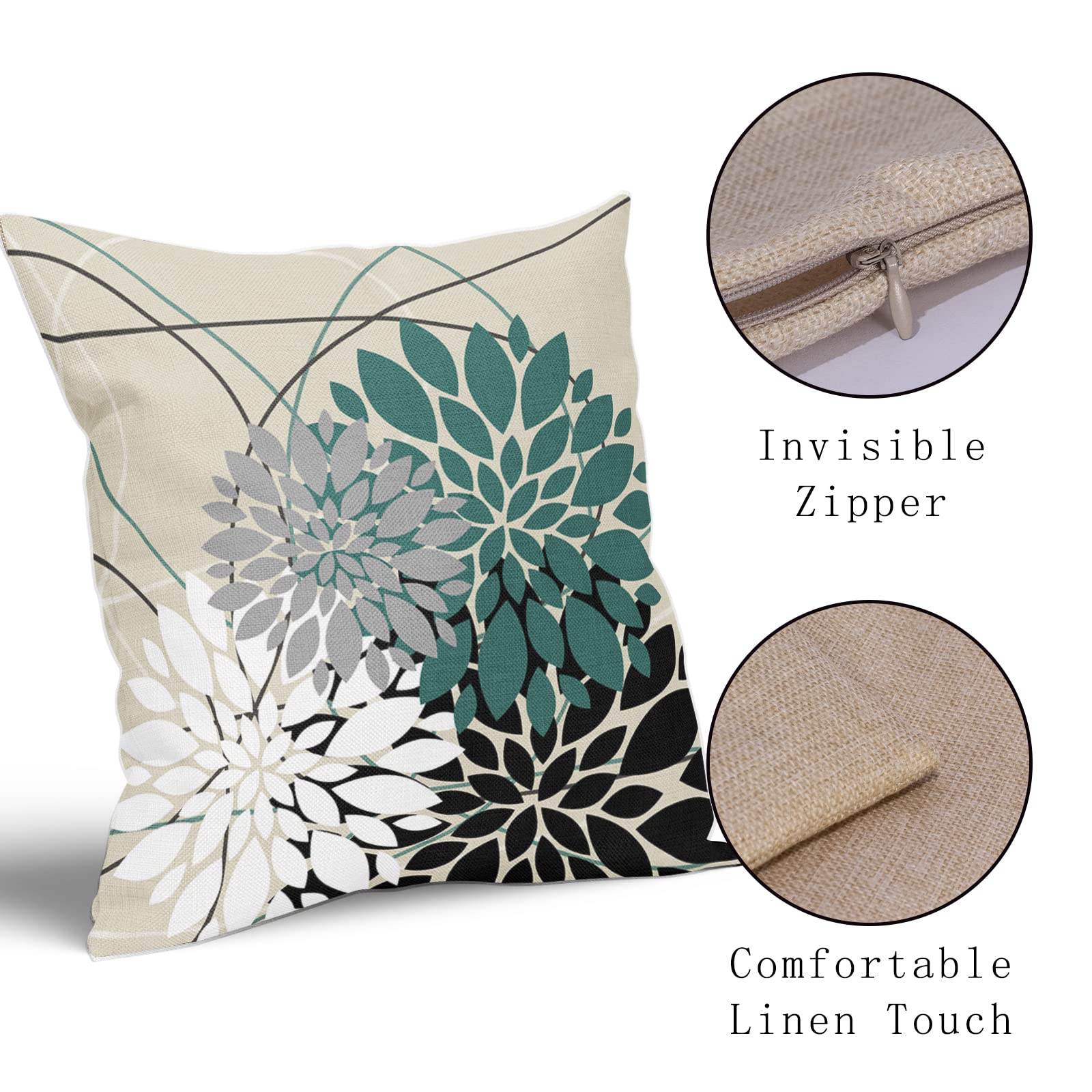 Premium 18x18 Inch Black Teal Floral Pillow Covers - Elegant Dahlia Flower Design in White & Gray - Set of 2 Modern Farmhouse Square Cushion Cases for Sofa, Couch, Bed, Living Room & Outdoor Decor - Soft Linen Throw Pillows for Home Styling & Comfort