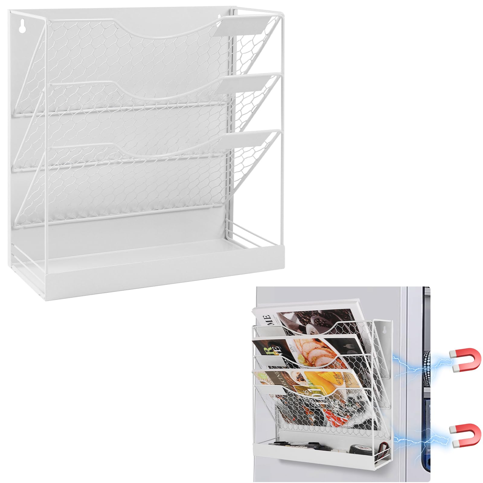 WOMACO 4-Tier Magnetic File Organizer - Large Heavy Duty File Folder Holder for File Cabinet, Wall Mount Paper Mail Organizer - Perfect for Home Office & Whiteboard (White) - Ideal for Desk Organization & Document Storage