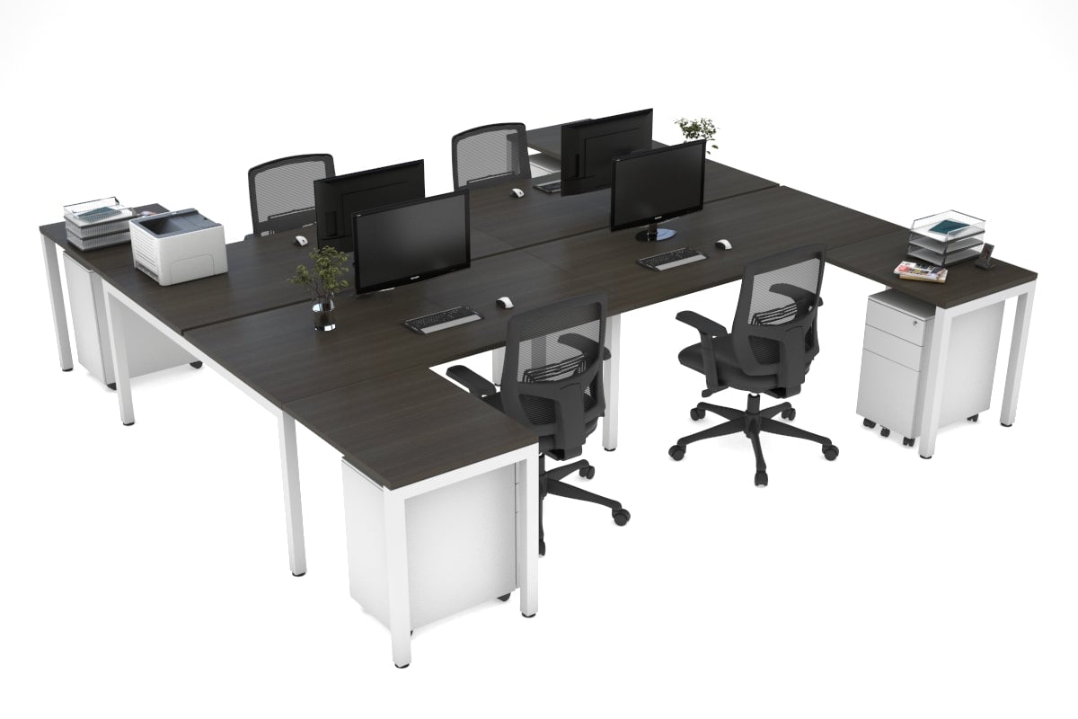 Quadro Square Legs 4-Person Corner Workstation - H Configuration White Frame [1400L x 1800W with Cable Management] - Perfect for Office Collaboration & Team Workspaces