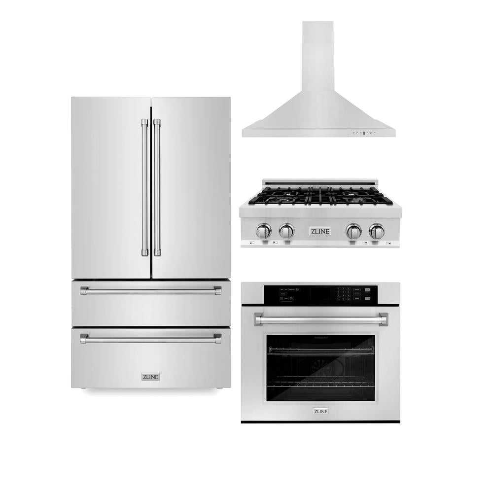 ZLINE 30-inch Stainless Steel Kitchen Package - Refrigerator, Rangetop, Range Hood & Single Wall Oven (4KPR RTRH30 AWS) | Premium Appliance Bundle for Modern Home Chefs & Gourmet Cooking
