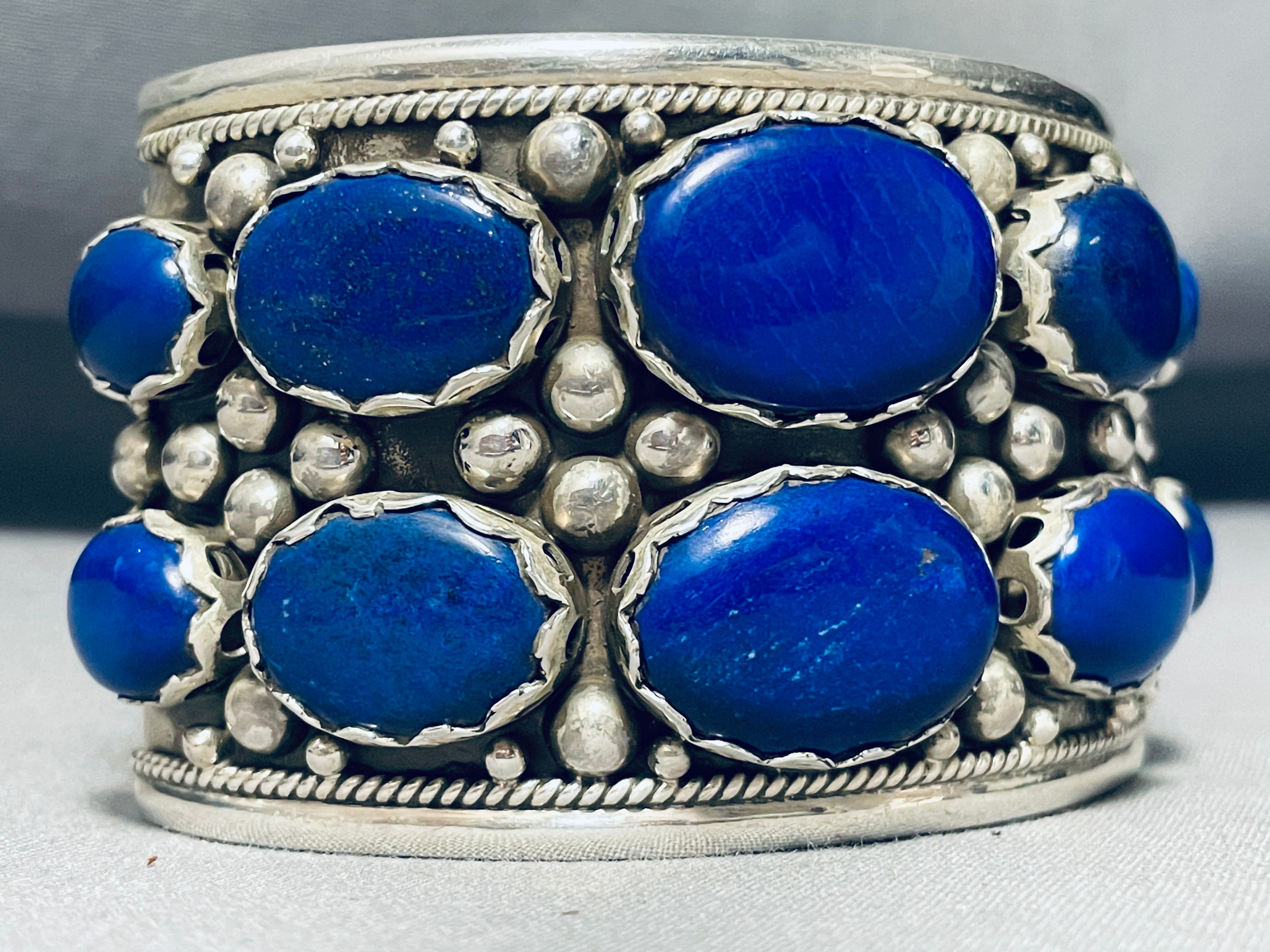 125 Grams Massive Vintage Sterling Silver Lapis Bracelet - Handmade Blue Lapis Lazuli Beaded Jewelry for Women, Boho Chic Statement Piece (Perfect for Weddings, Parties & Spiritual Healing)