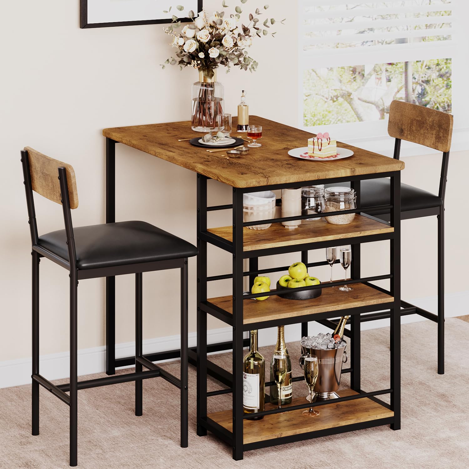 **IDEALHOUSE 2-Piece Kitchen Table Set with Storage Shelf & Upholstered Chairs - Rustic Brown Dining Table for Small Spaces, Apartments - Perfect for Breakfast Nooks, Studio Dining, and Cozy Meals**