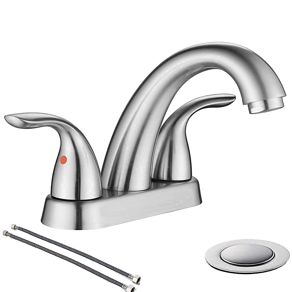 Phiestina 4 Inch Centerset Bathroom Sink Faucet - 2 Handles, Lead-Free, Includes Copper Pop-Up Drain & Supply Lines - Perfect for Modern Bathroom Renovations & Small Space Vanities