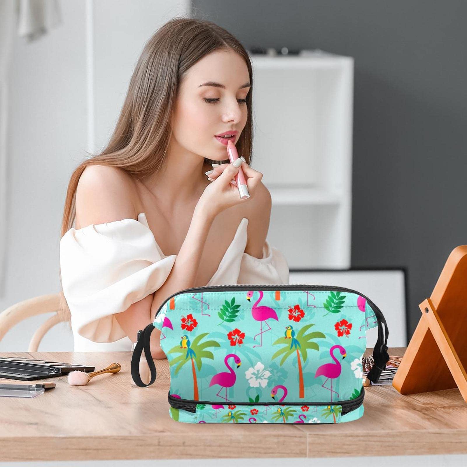 Flamingo and Palm Print Double Layer Makeup Bag for Women - Large Roomy Cosmetic Organizer with Zipper - Perfect for Travel, Gym, and Daily Toiletry Storage