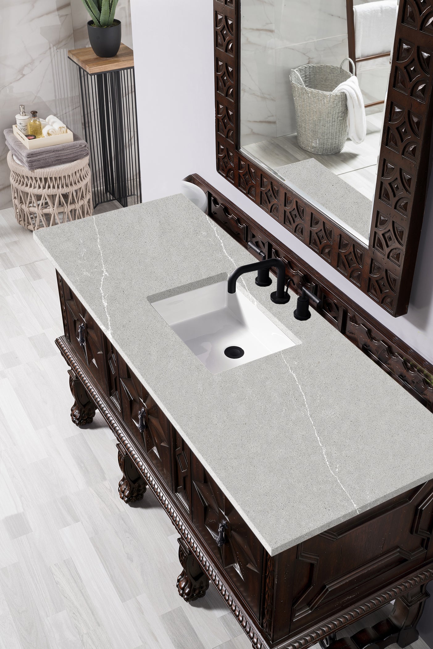 Balmoral 60 Inch Single Bathroom Vanity Set with Antique Walnut Cabinet & 3CM Eternal Serena Quartz Countertop - Perfect for Modern & Traditional Bathroom Remodels
