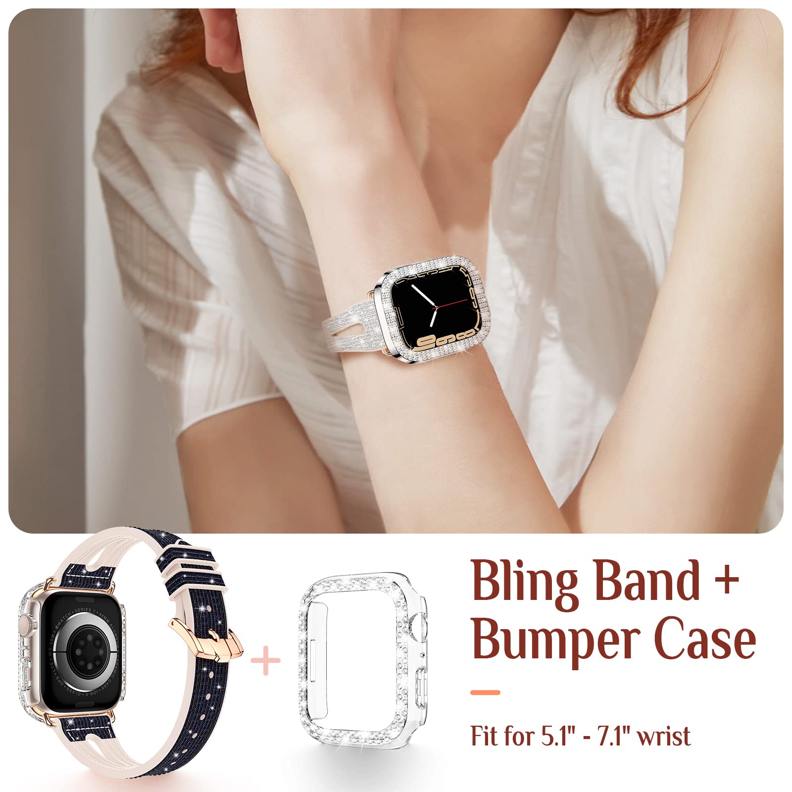 Goton Bling Band Case - Compatible with Apple Watch 46mm 42mm 45mm 44mm 41mm 40mm 38mm (Series 10/9/8/7/SE/6/5/4/3/2) - Women's Glitter Rhinestone Silicone Strap with Bumper Cover - Perfect for Workouts, Parties & Everyday Fashion Accessory