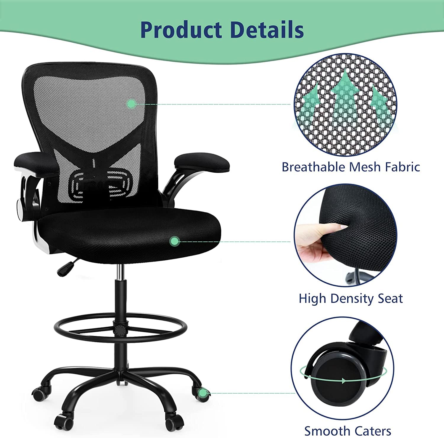 Ergonomic Drafting Chair with Foot Ring & Flip-Up Arms - Adjustable Height Mesh Office Chair for Standing Desks - Comfortable Computer Task Chair for Home & Office Use - Perfect for Architects, Designers & Long Work Sessions - Black