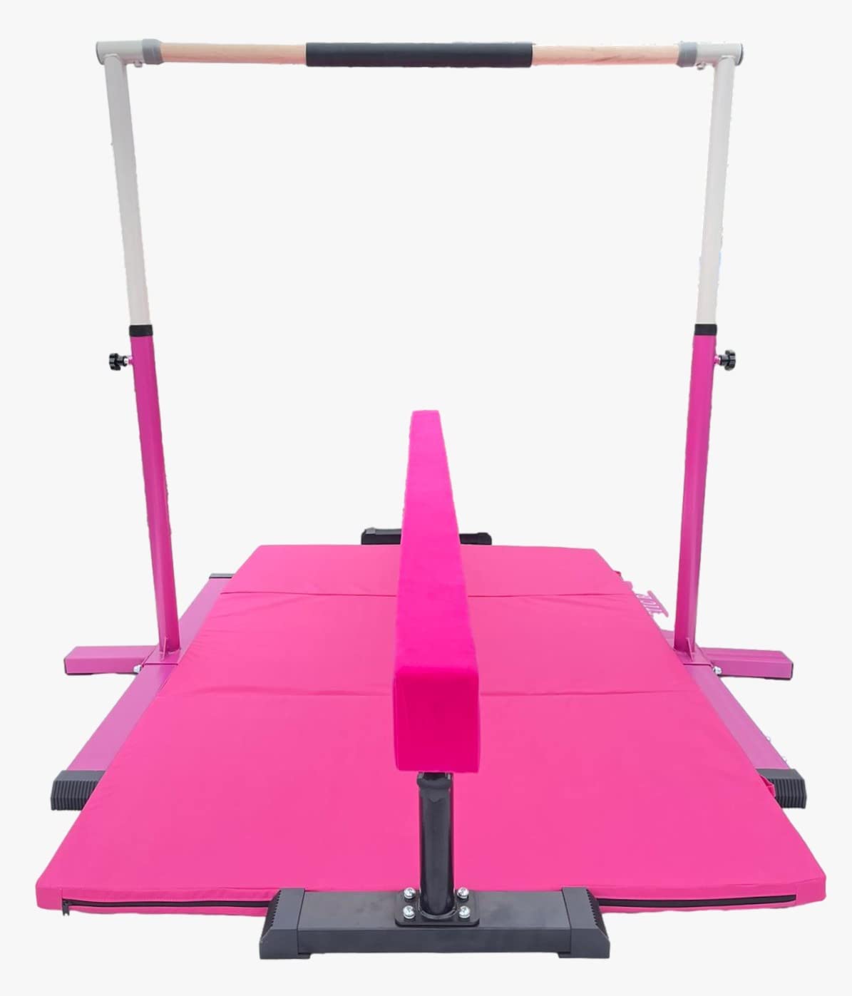 **Adjustable Kids Gymnastics Bar 3-in-1 Set with Balance Tube & 6'x4' Tumble Mat – Expandable Height 3-5 FT, Horizontal & Asymmetric Bar for Junior Gymnasts – Perfect for Home Training, Playrooms & Backyard Practice (Pink)**