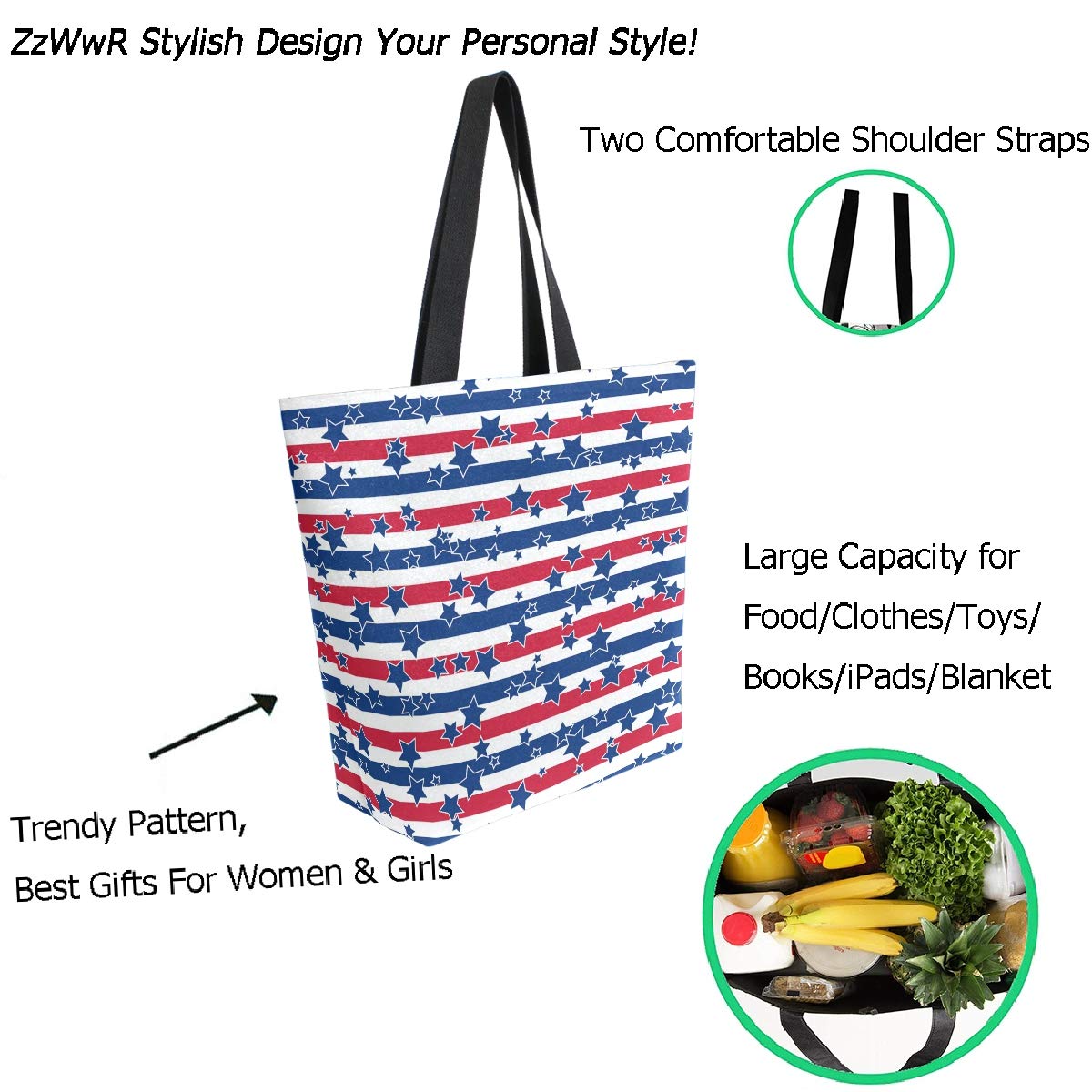 Stylish Extra Large Print Shoulder Tote Bag for Women - Beach Travel, Gym, Grocery Shopping & Weekender - Durable Multipurpose Carryall for Work, Vacation & Daily Use