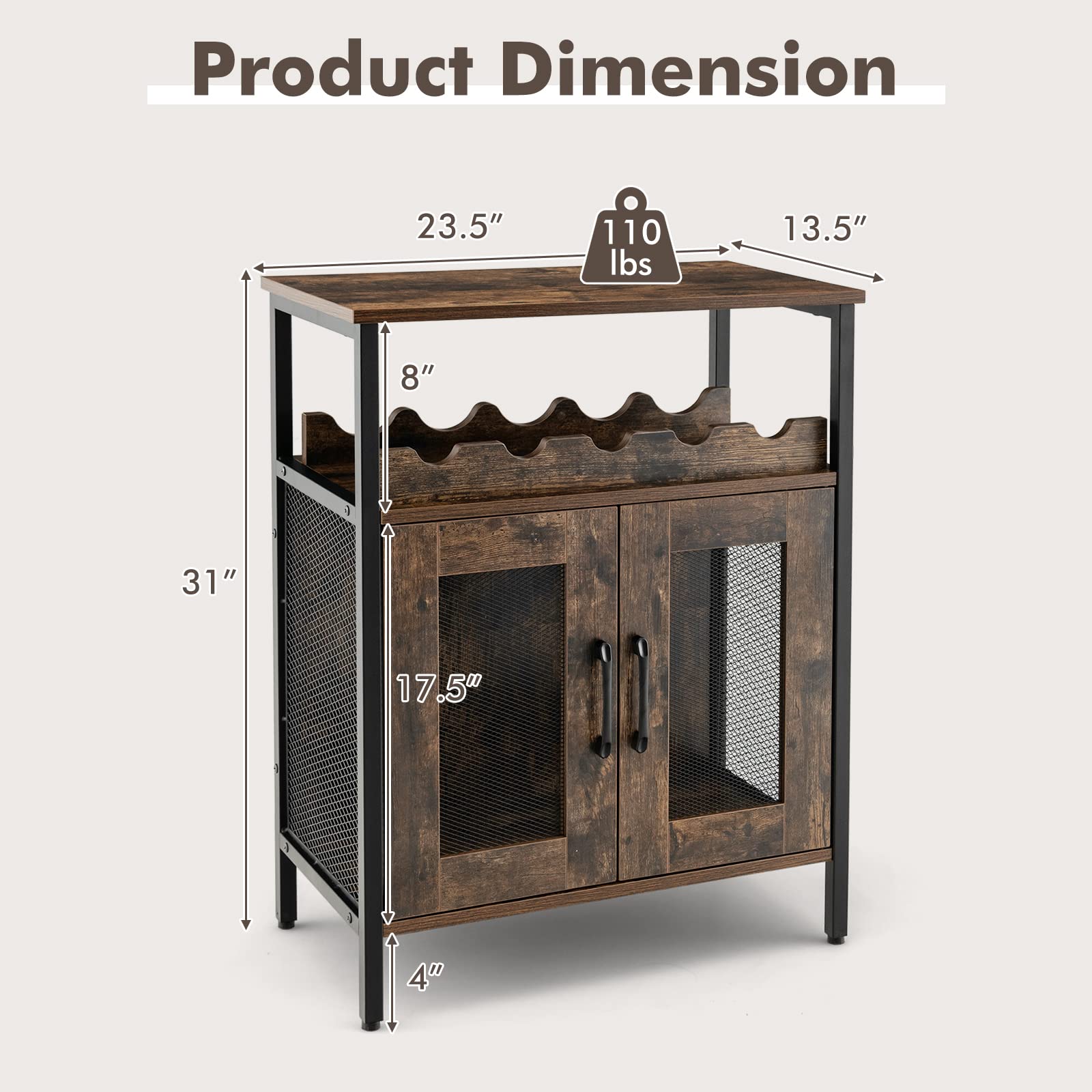 Industrial Wine Bar Cabinet with Removable Wine Rack & Glass Holder - Coffee Bar Storage Cabinet with Mesh Doors for Kitchen, Living Room, Dining Room | Perfect for Home Entertaining & Small Space Organization