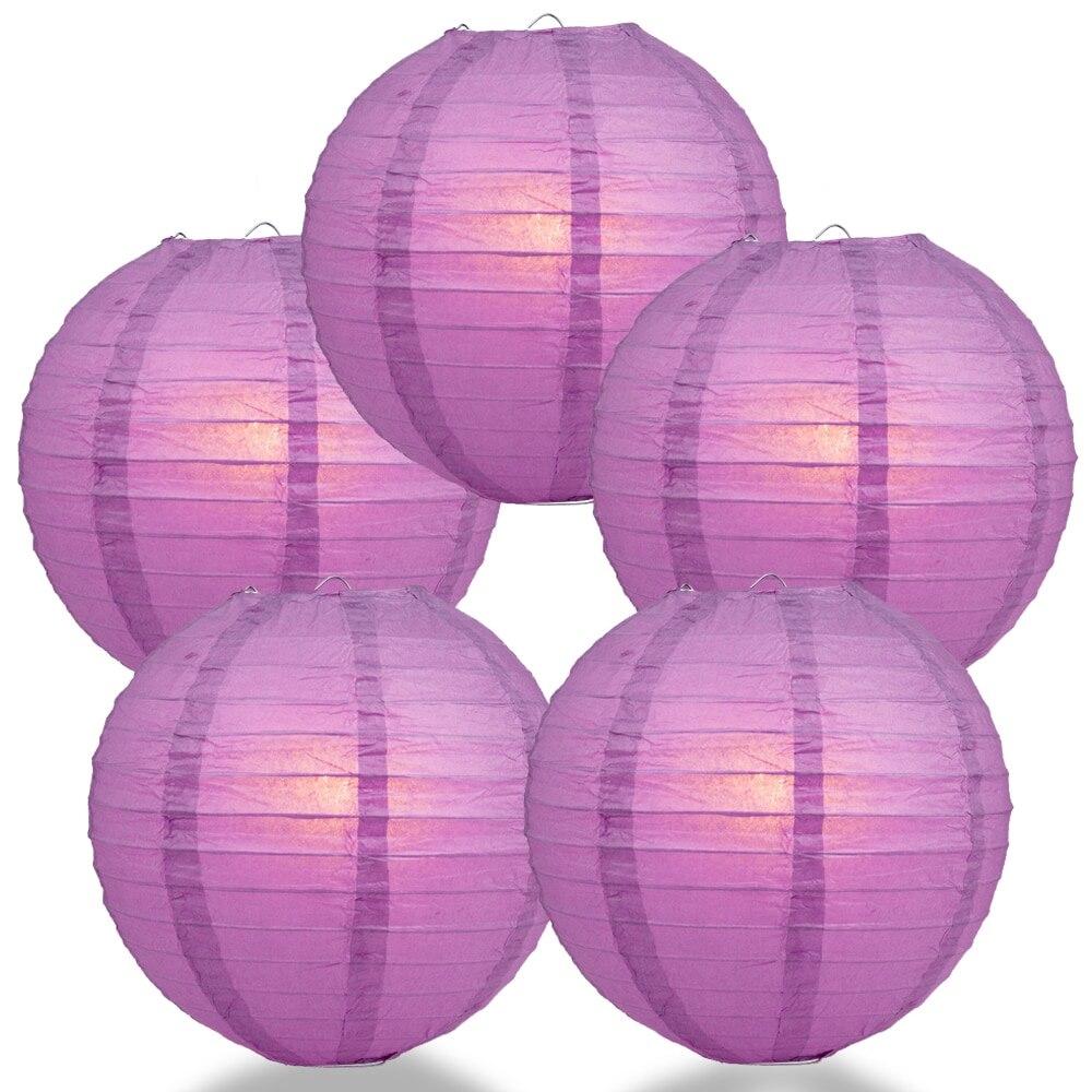 5 Pack 16 Inch Violet/Orchid Round Paper Lanterns with Even Ribbing - Chinese Hanging Decor for Weddings, Parties & Home Decoration | Perfect for Asian-Themed Events, Baby Showers & Festival Celebrations
