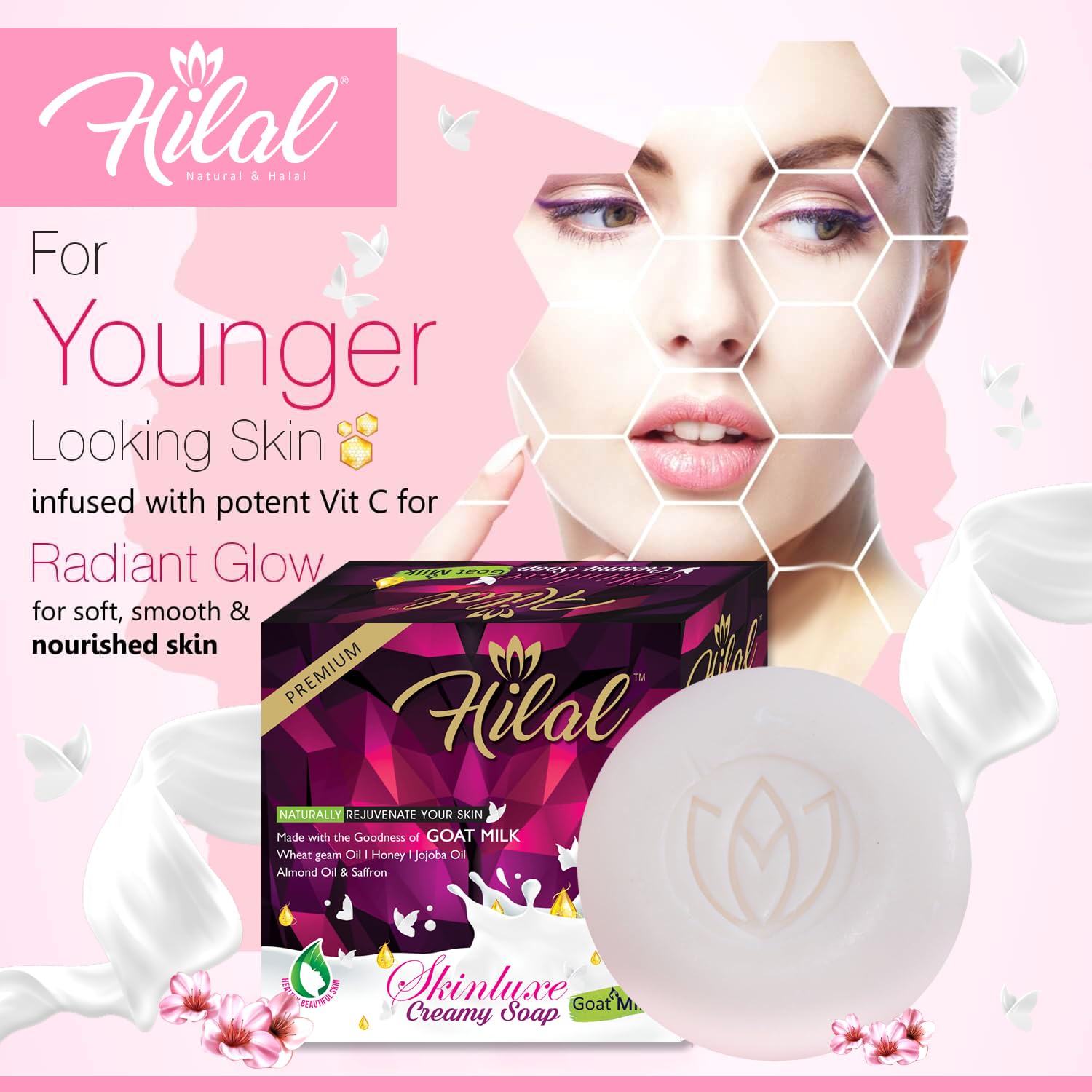 **Hilal Goat Milk Creamy Soap - 100g (Pack of 4) - Enriched with Goat Milk & Wheat Germ Oil for Nourished, Glowing Skin - Premium Grade Skincare - Ideal for Dry, Sensitive Skin & Daily Hydration**