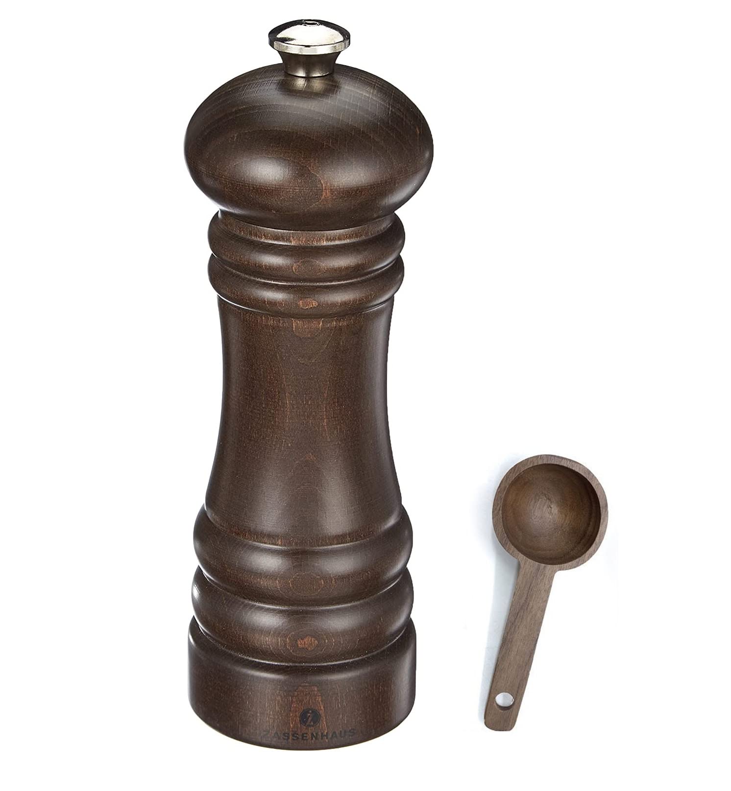 Premium Zassenhaus Berlin Dark Stained Wood Pepper Mill Gift Set - 7.1 Inch Refillable Grinder with Wooden Spice Scoop - Perfect for Kitchen, Dining Table & Gourmet Cooking Gifts