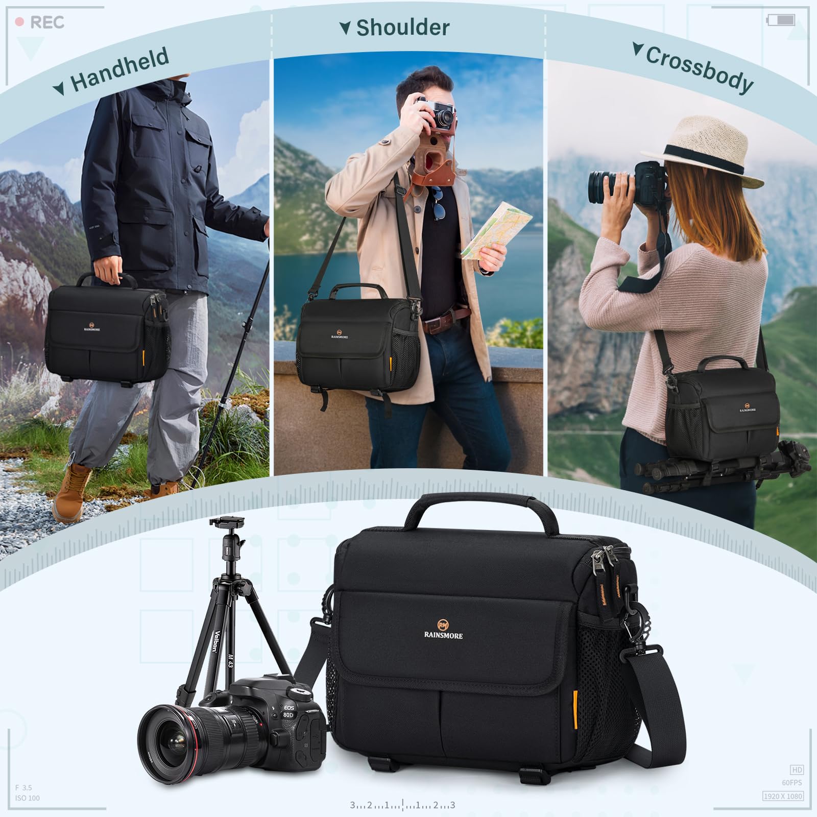 RAINSMORE Waterproof DSLR Camera Sling Bag - Compact Crossbody Shoulder Bag for DSLR/SLR/Mirrorless Cameras with Tripod Holder & Rain Cover (Black) - Perfect for Travel, Hiking & Outdoor Photography