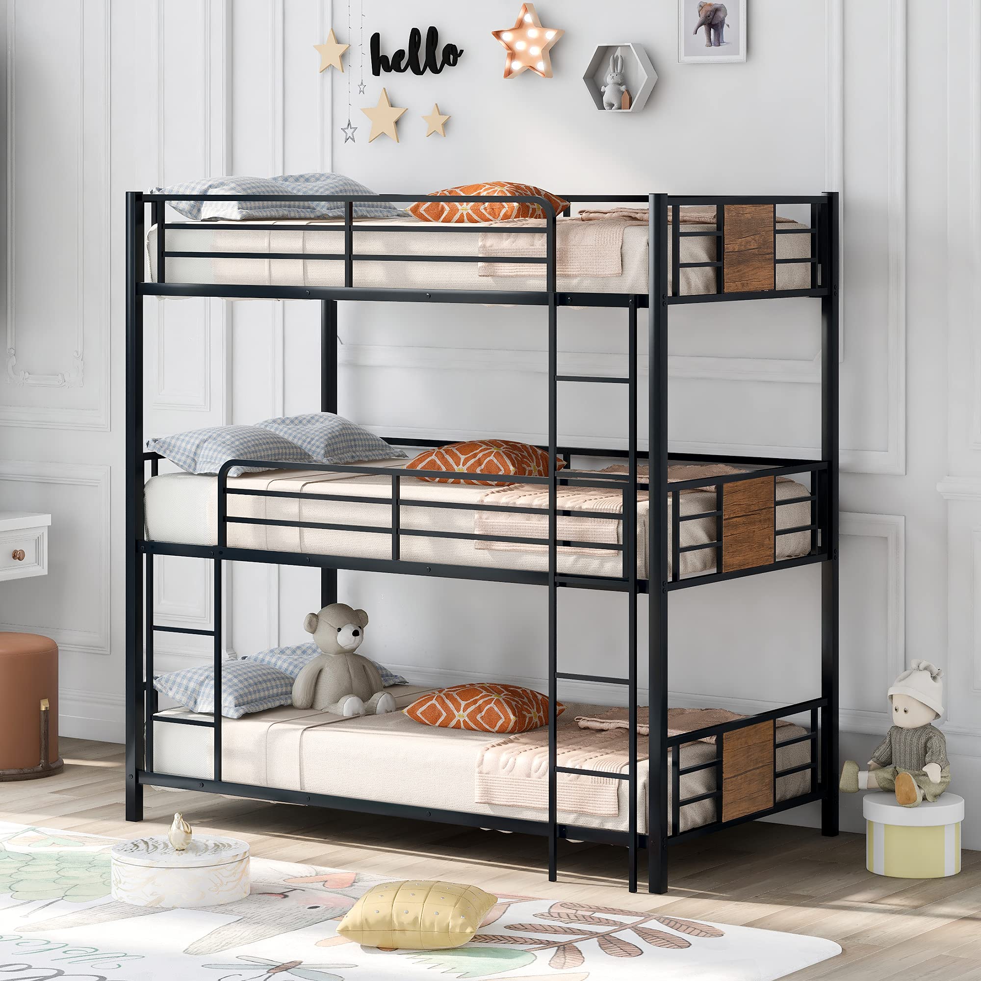 Sturdy Metal Triple Bunk Bed Frame - Twin Over Twin Over Twin with Safety Guardrails & Built-in Ladder - Space-Saving Solution for Kids & Teens (Black/Brown/Steel) - Perfect for Dorms, Hostels, and Shared Kids' Rooms