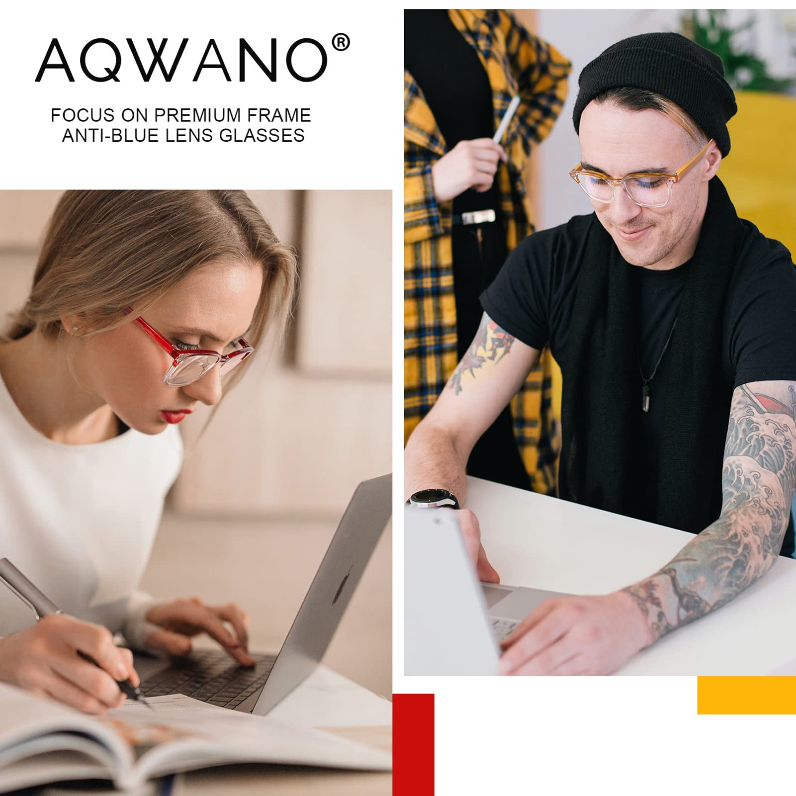 Stylish AQWANO Blue Light Blocking Computer Reading Glasses - Anti Glare UV Protection for Women & Men - Lightweight Comfortable 1.75 Magnification - Perfect for Office Work, Gaming & Screen Time
