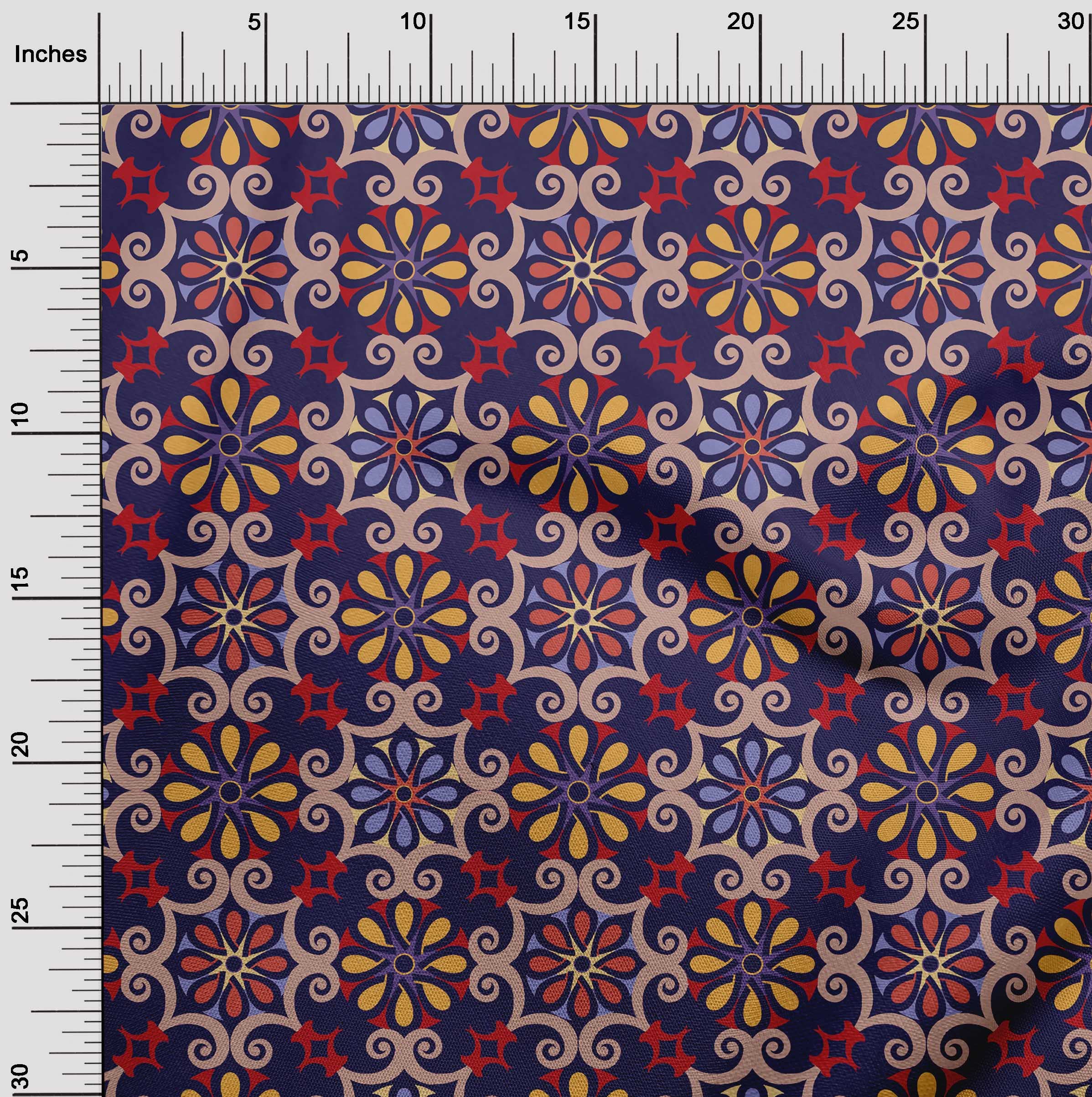 Premium Polyester Spandex Blue Suzani Print Fabric - 56