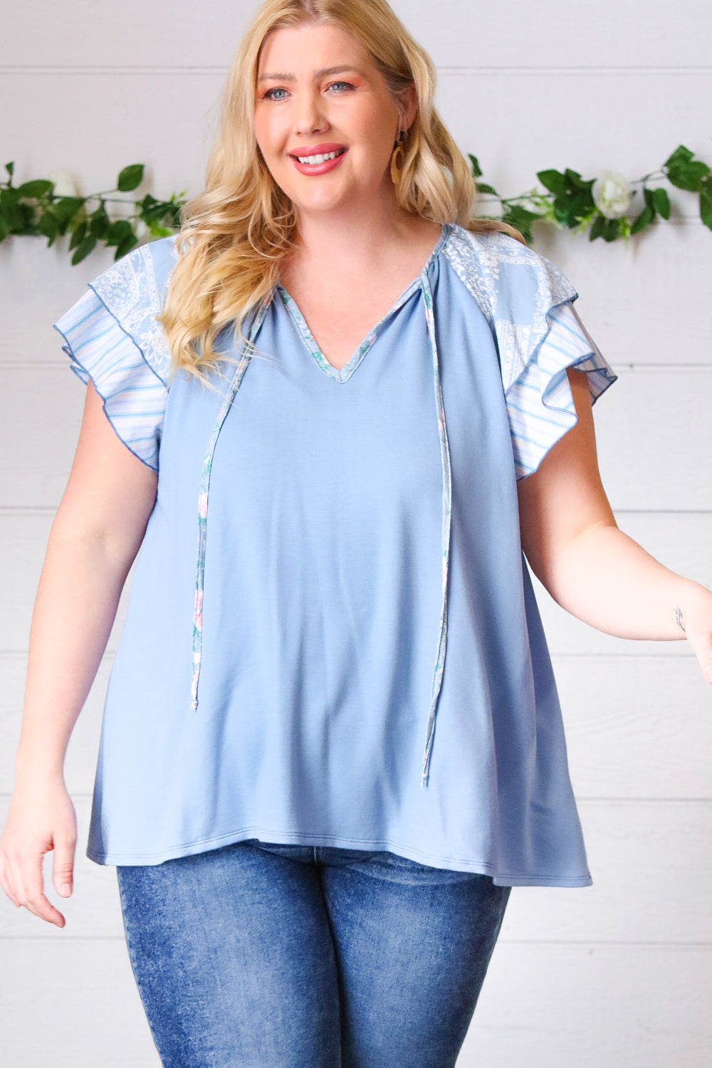Blue Floral & Stripe V-Neck Tie Double Flutter Sleeve Blouse for Women | Summer Casual Tops for Work, Date Night & Outdoor Activities