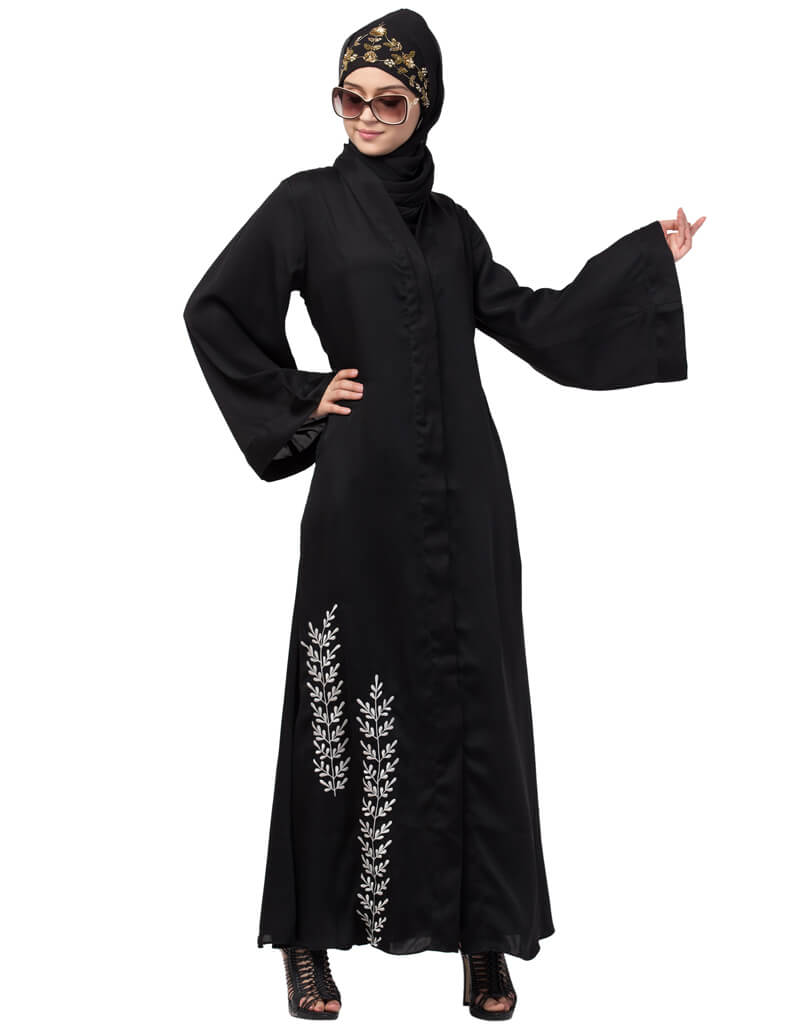Elegant Black Dubai Abaya with Arabic Side Embroidery - Open Front Design for Women - Perfect for Prayer, Modest Fashion, and Special Occasions