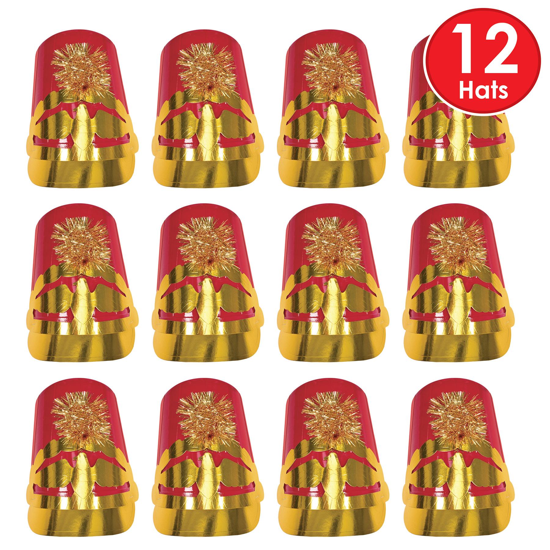 12 Pack Red Christmas Plastic Drum Major Hats - Festive Holiday Party Accessories for Parades, Concerts & Costume Events