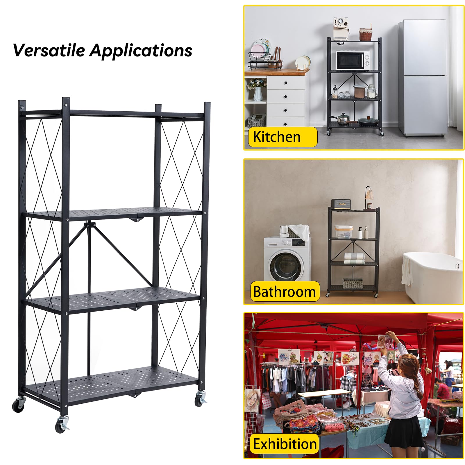 BRIAN & DANY 4-Tier Metal Storage Shelves - Heavy Duty Folding Display Rack for Vendors, Craft Shows & Retail Stores, No Assembly Required, Black (2 Pack) - Perfect for Trade Shows, Farmers Markets & Home Organization