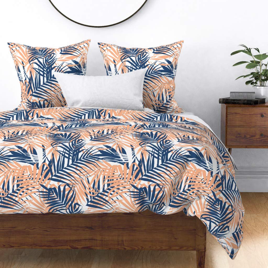 Tropic Palms Coral Jungle Navy Tropical Print Cotton Sateen Duvet Cover | Full/Queen Size | Custom Bedding for Coastal & Boho Bedroom Decor | Soft & Breathable Luxury Bed Linens