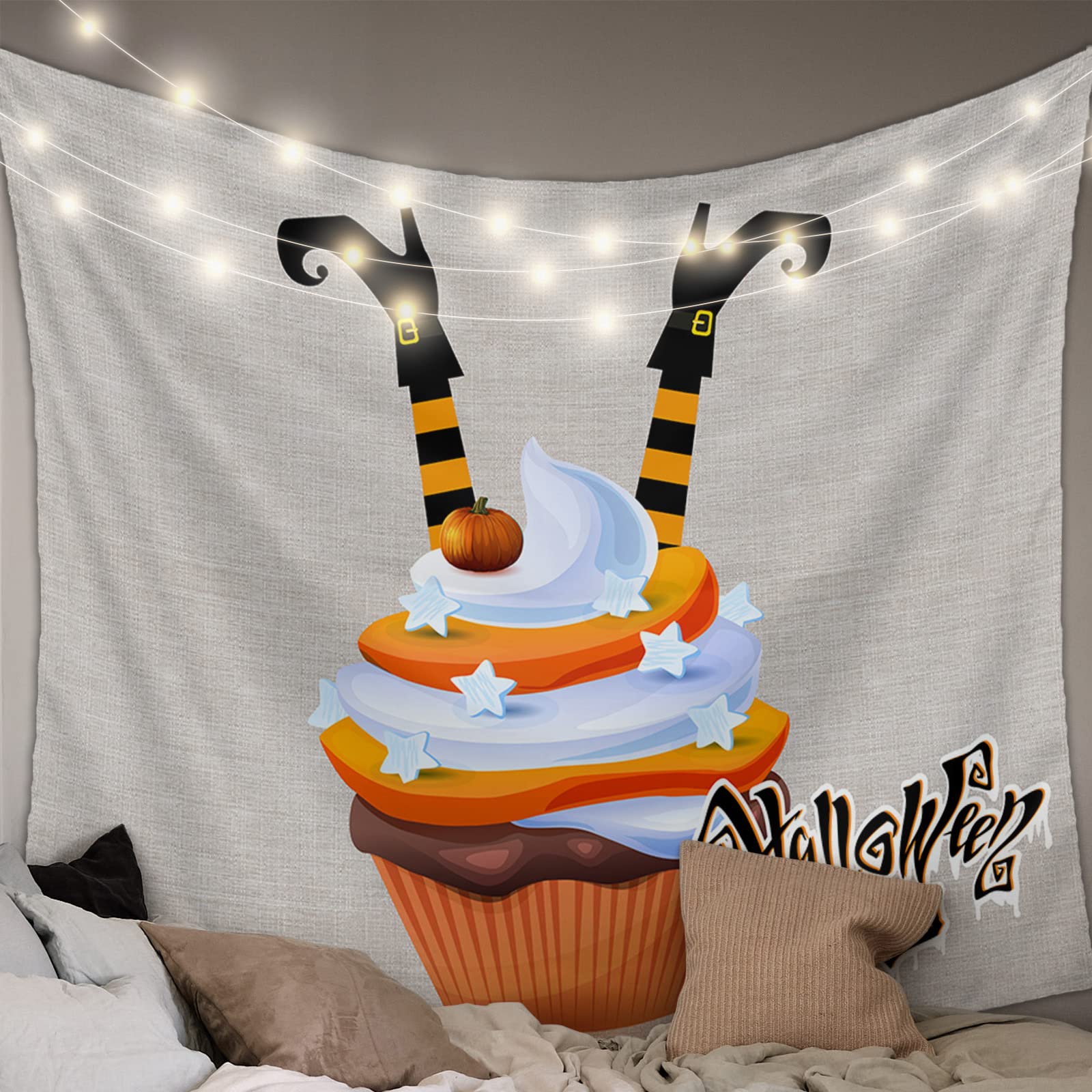 Happy Halloween Witch Pumpkin Cake Wall Hanging Tapestry - 59x79in Orange Stripe Retro Linen Throw Art for Home Decor | Perfect for Bedroom, Living Room & Sofa Backdrop | Spooky Party Decor, Seasonal Wall Art, Cozy Fall Atmosphere