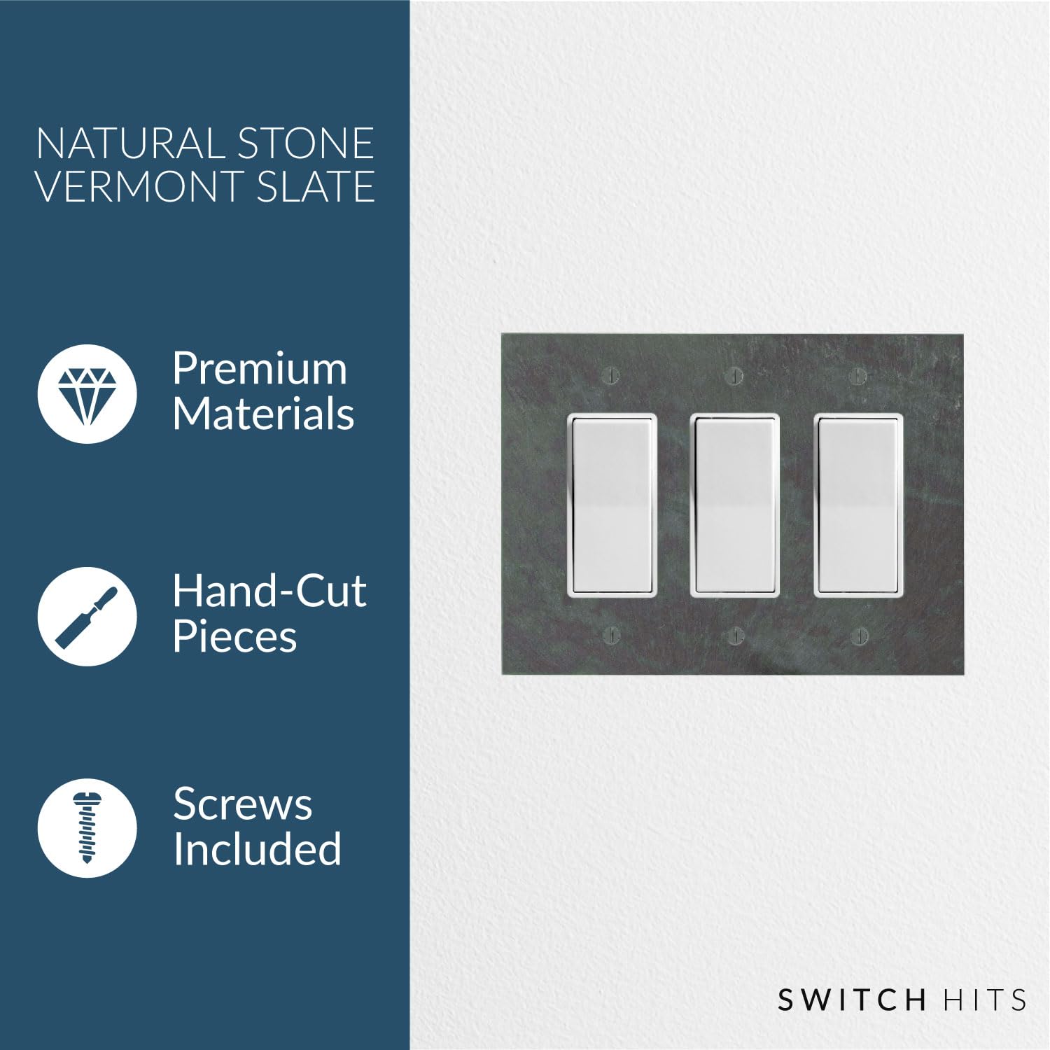 Decorative 3 Gang Electrical Switch Plate Outlet Cover - Vermont Slate Finish, 6.75” x 5” - GFCI Rocker & Decora Triple Light Switch Faceplate for Home & Office Decor