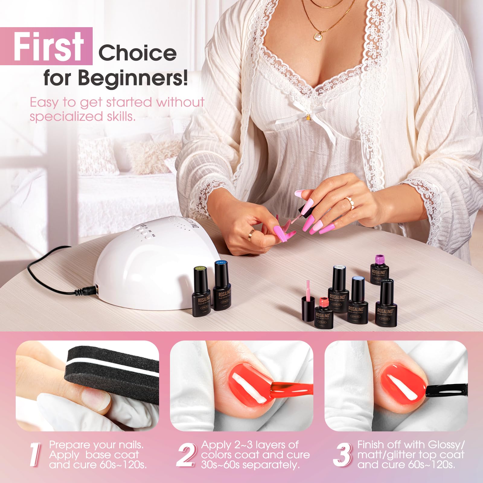 ROSALIND Semi-Permanent Gel Nail Polish Set - 26+4 PCS Violet Blue Green Nail Polish with Base & Top Coat, Matte & Glitter Top Coat, Mini UV/LED Semi-Permanent Black White Red Gray Nail Polish for Manicure - Perfect for Home Nail Art, Salon Professionals & DIY Beauty Enthusiasts