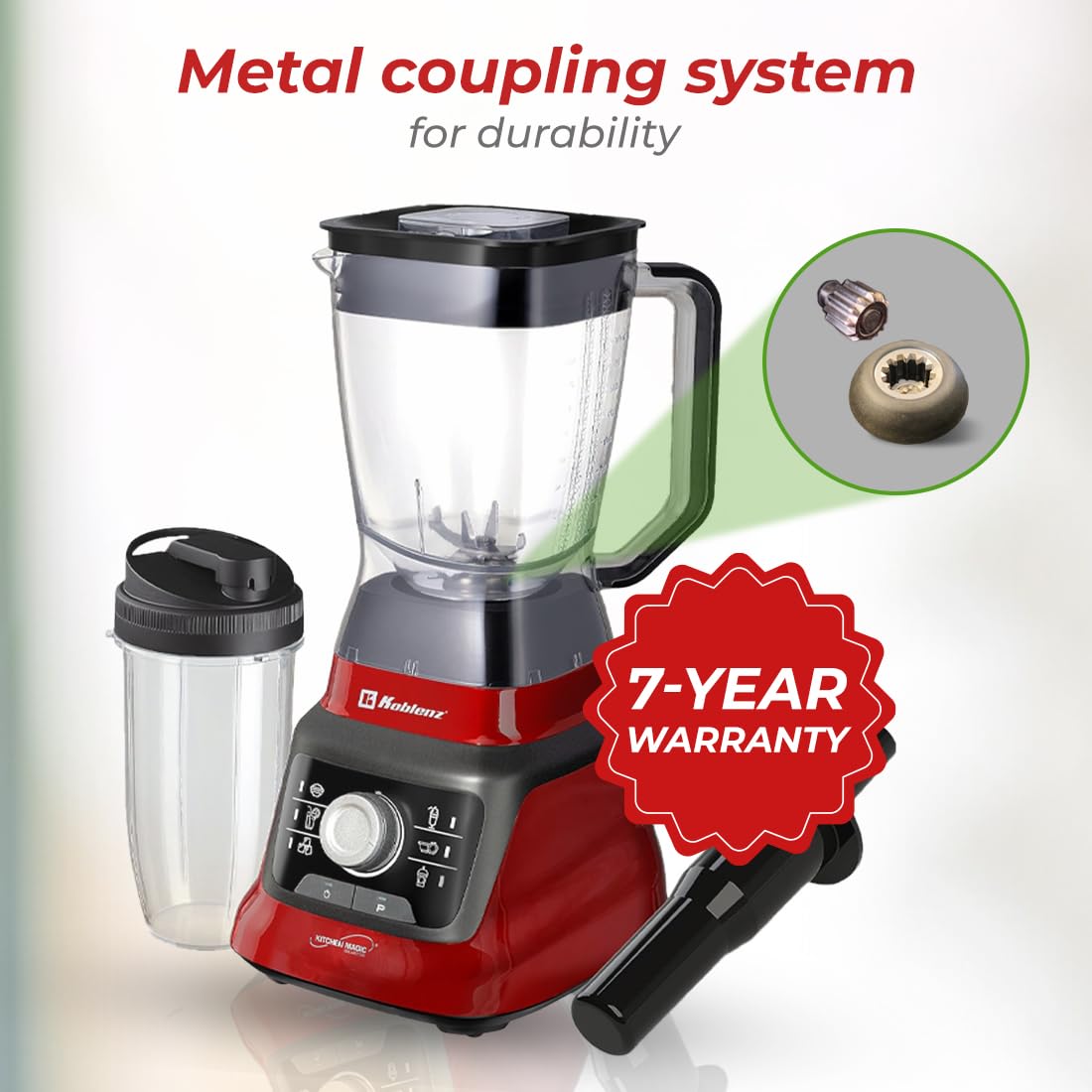 Koblenz Bob Blender 1400W - 6-Speed Countertop Blender with Reversible Motor, 68oz BPA-Free Jug & Travel Cup - Super Quiet for Smoothies, Protein Shakes & Meal Prep (Black/Red, LKM-9608)