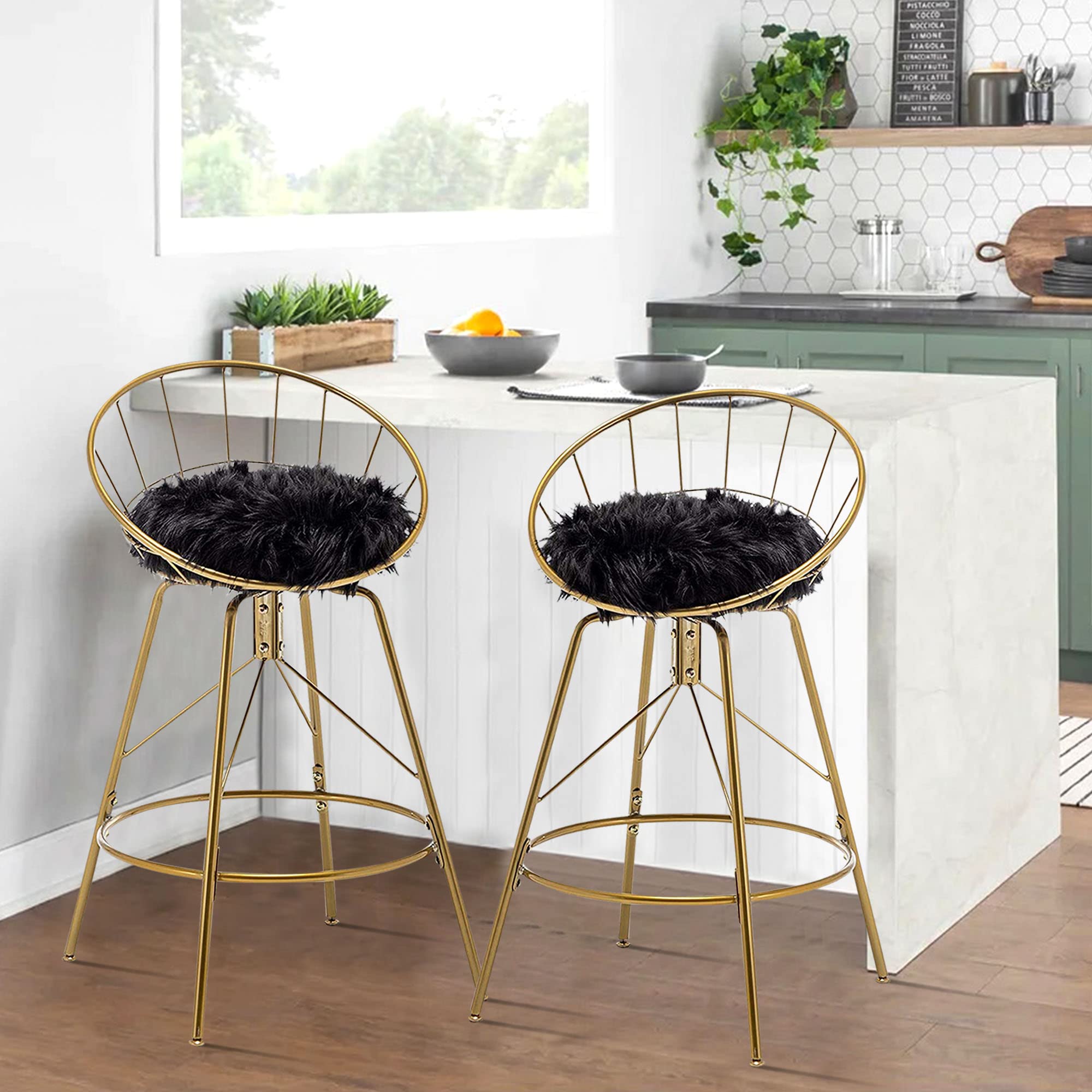 24 Inch Swivel Metal Bar Stools Set of 2 - Gold Counter Height Bar Chairs with Black Faux Fur Seat for Kitchen, Dining Room & Home Bar Decor - Modern Industrial Style Bar Stools for Entertaining Guests