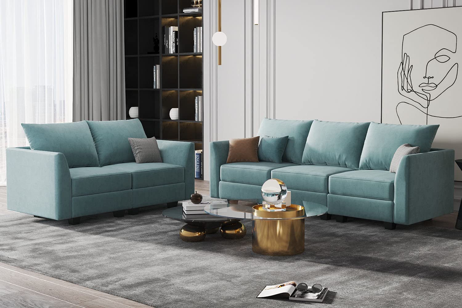 HONBAY 2-Piece Modular Sofa and Loveseat Set - Aqua Blue Living Room Furniture for Home & Office | Comfortable Sectional Couch for Small Spaces, Apartments and Family Gatherings