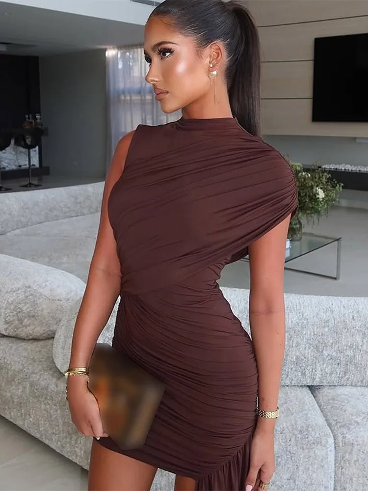 Elegant Brown Pleated Mini Dress for Women - Ruched Turtleneck Sleeveless Slim Fit Summer Party Dress | Perfect for Club Nights, Date Nights & Special Occasions