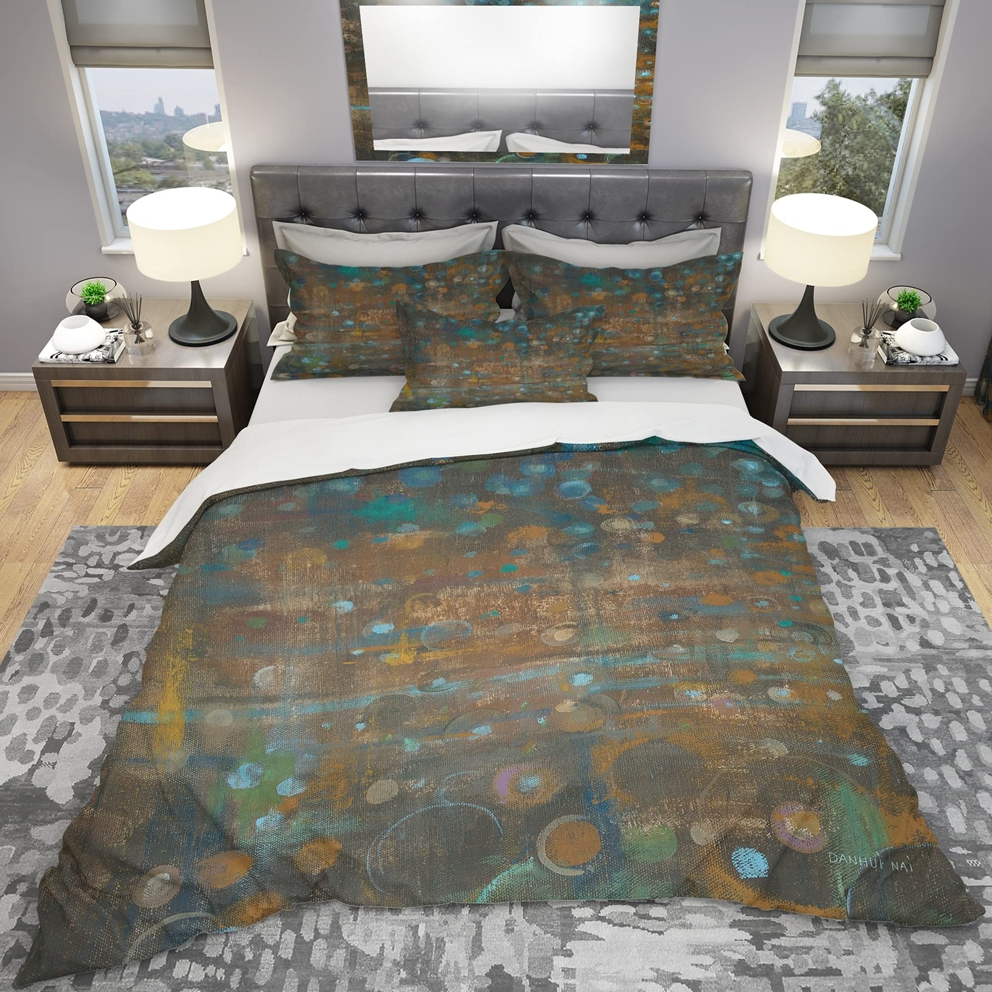 Designart 'Blue and Bronze Dots on Glass III' Geometric King Size Bedding Set - Duvet Cover & 2 Shams | Modern Abstract Pattern for Master Bedroom Decor | Luxury Soft Cotton Bedding for Contemporary Home