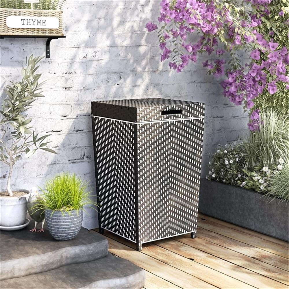 Furniture of America Azur Outdoor Trash Can - Black Aluminum & Wicker Waste Bin for Patio, Garden, and Poolside Use