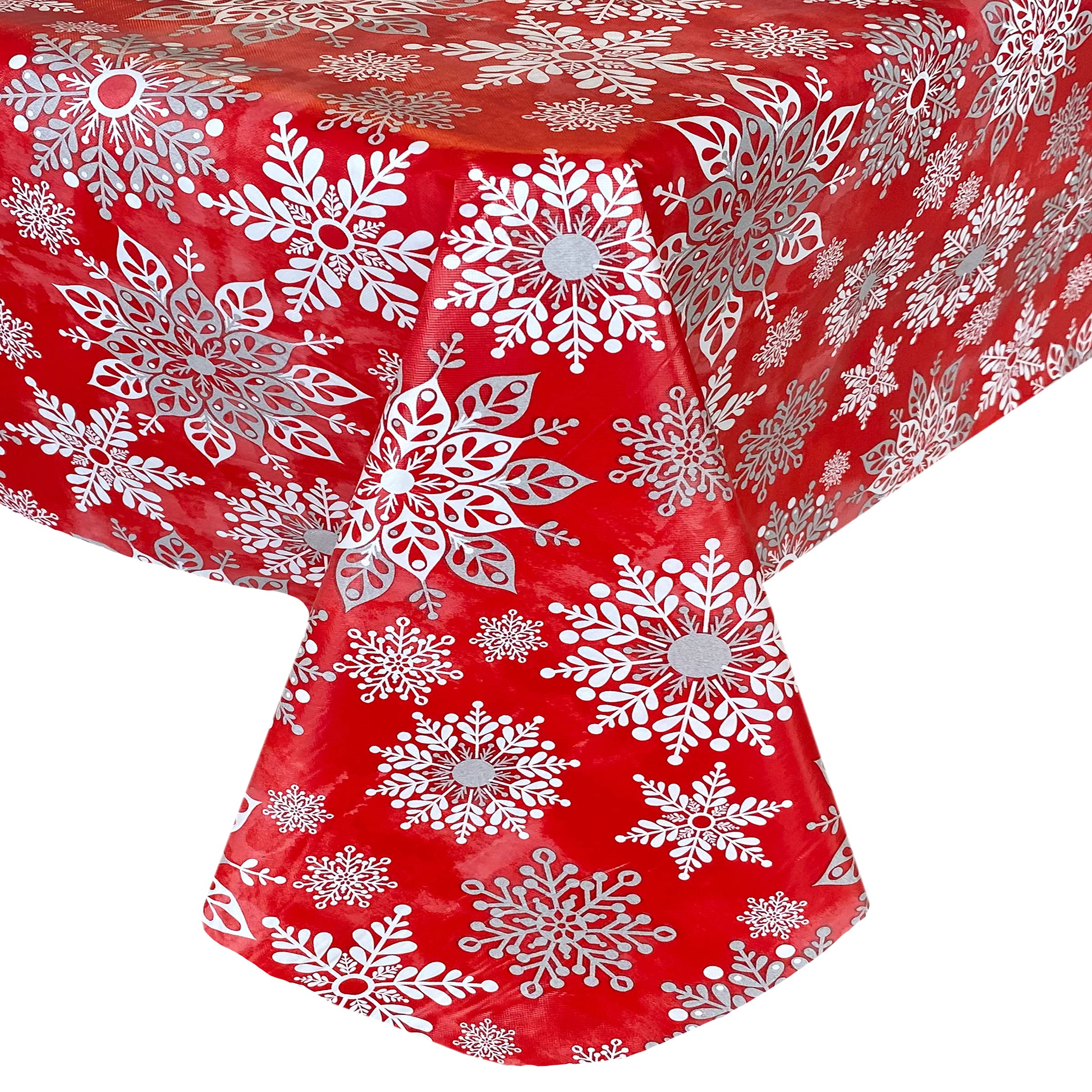 Newbridge Winter Sparkle Snowflake Red & Silver Grey Vinyl Flannel Tablecloth - Holiday Snowflake Print, Wipe Clean & Easy Care, 52' x 70' Rectangle, Perfect for Christmas Dinner & Festive Decor