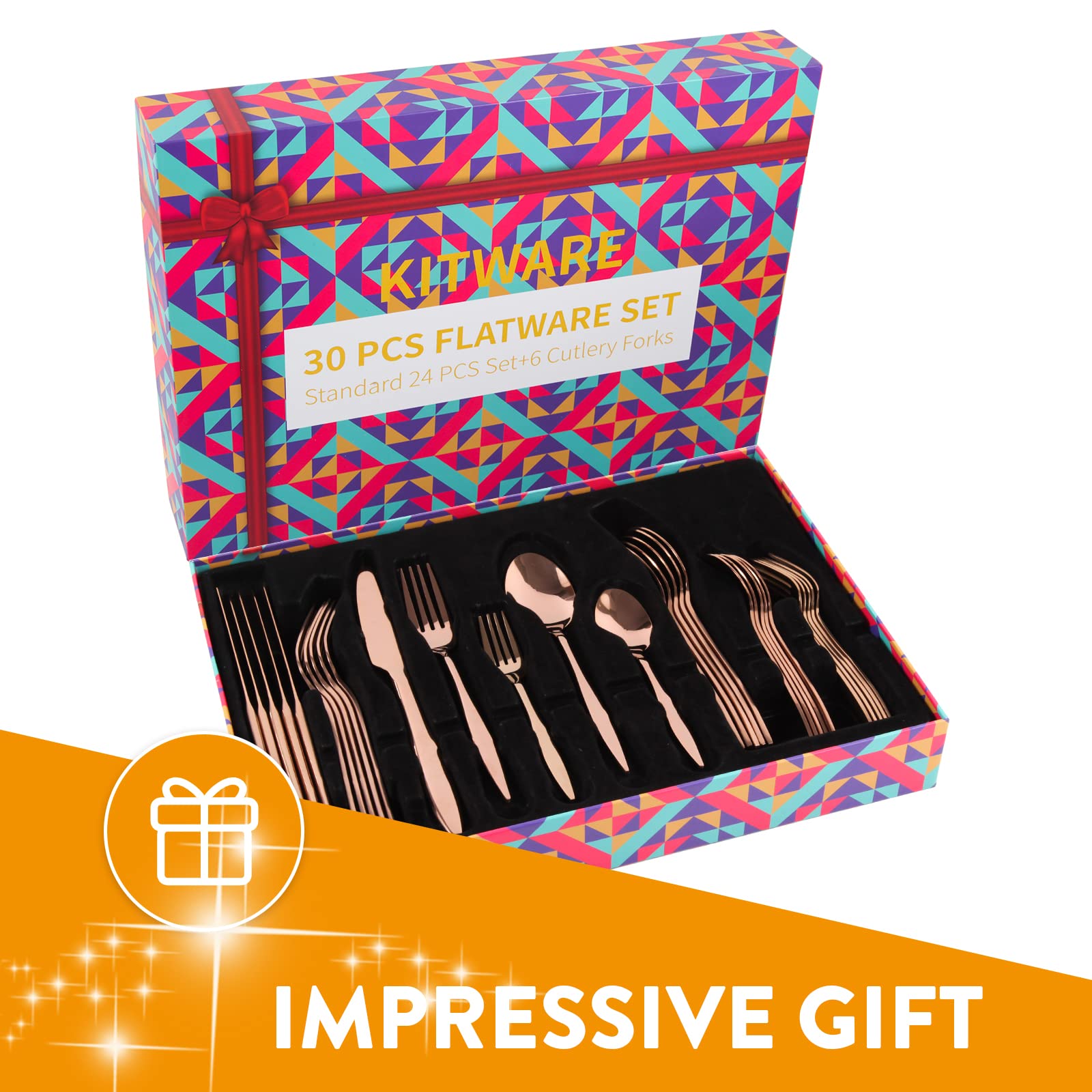 Premium 30-Piece Rose Gold Flatware Set - Stainless Steel Silverware for 6, Elegant Dining Utensils with Forks, Knives & Spoons - Perfect for Home, Restaurant & Wedding Table Settings - Durable Kitchen Essential & Dinner Party Tableware