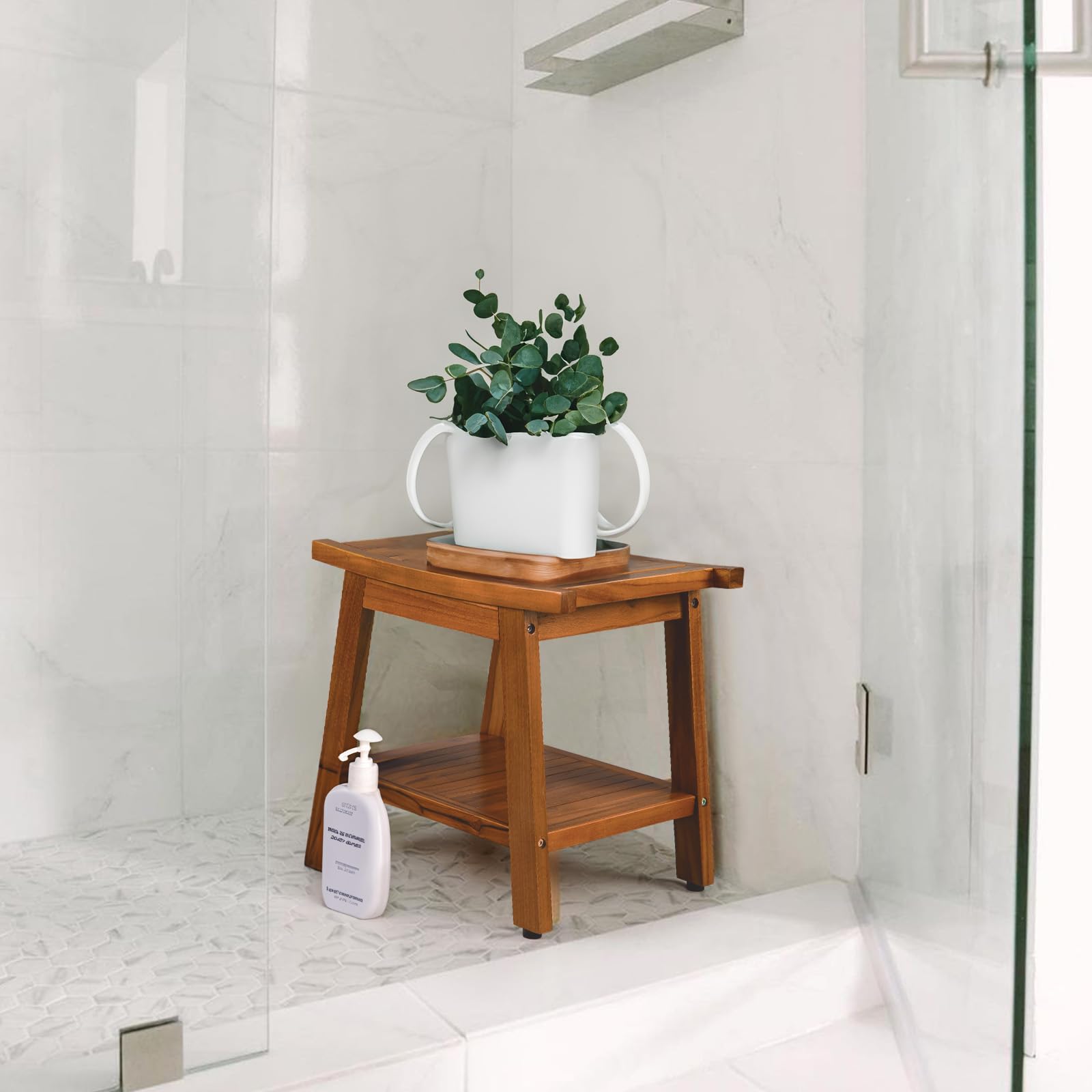 Premium 21 Inch Teak Shower Bench with Storage Shelf & Handles | Waterproof Bath Stool for Indoor & Outdoor Use | Spa & Bathroom Seating Solution for Adults | Shower Chair for Elderly & Handicap Accessibility