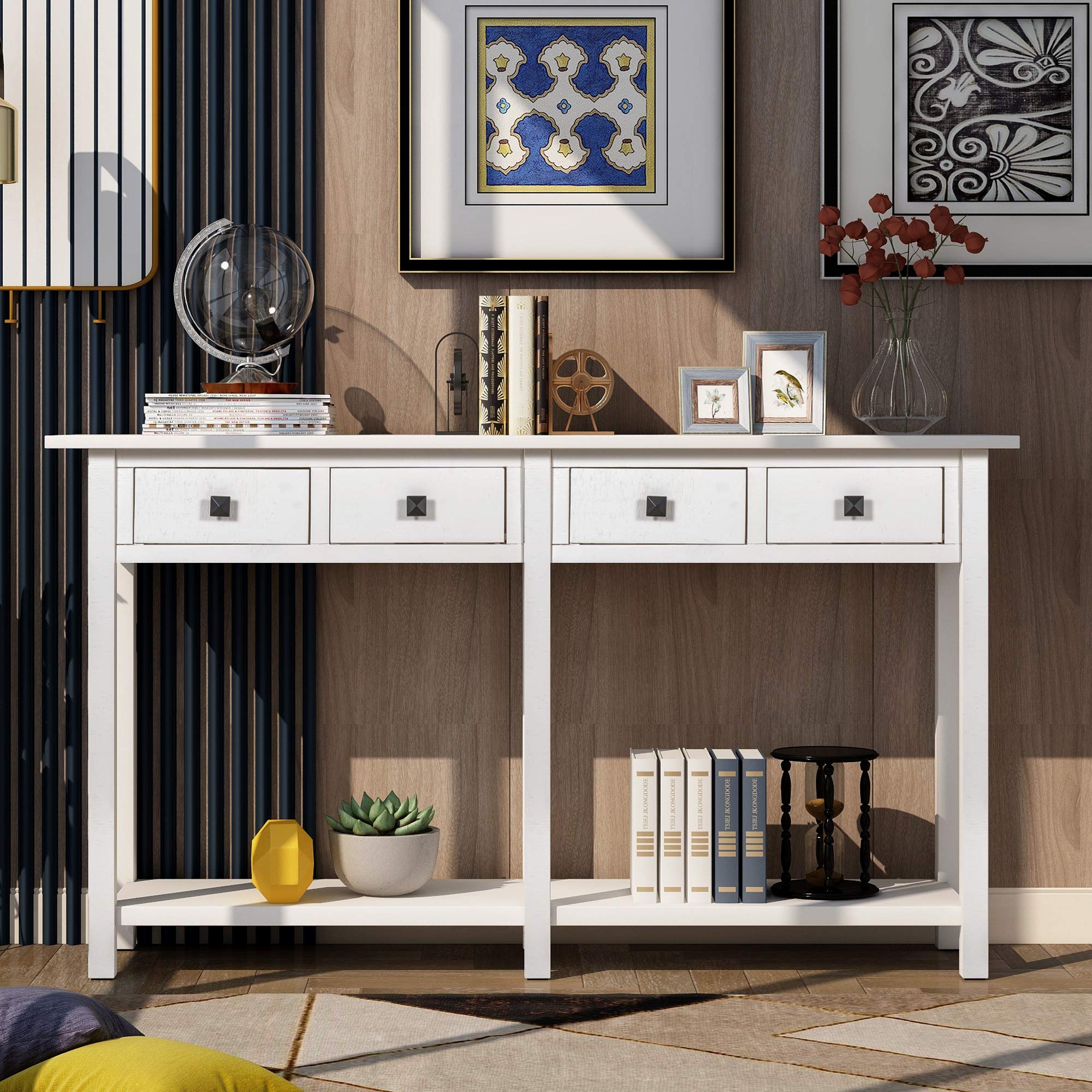 Rustic Console Table with Drawer & Bottom Shelf - Entryway Sofa Table for Living Room, Hallway | Farmhouse Style Ivory Wooden Side Table (Perfect for Small Spaces, Home Decor & Entry Organization)