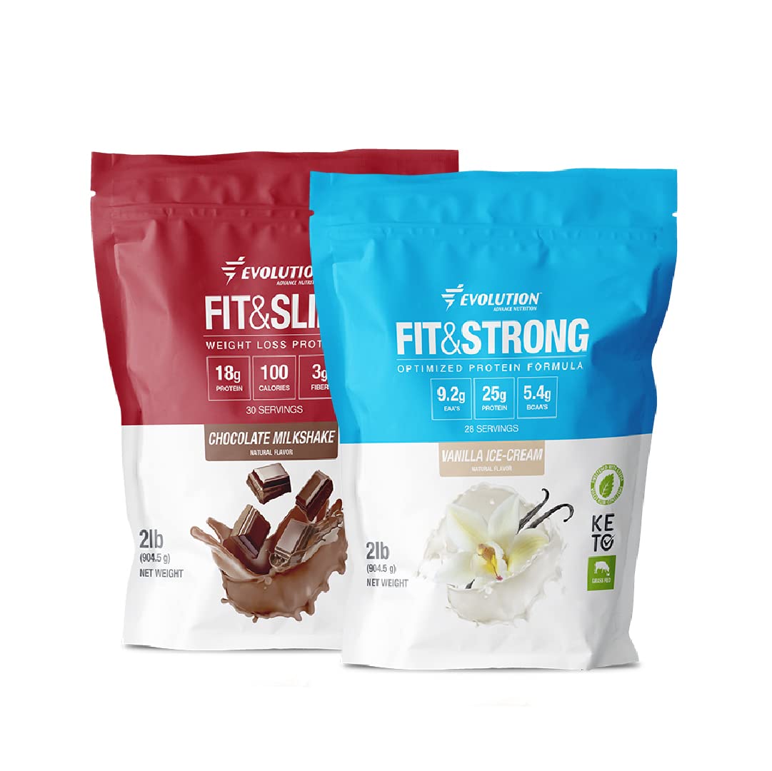 Evolution Advance Nutrition Grass Fed 100% Whey Protein Powder + Fit & Slim with Glucomannan & Inulin Fiber - High Protein & Fiber, Keto Friendly, Non-GMO, Stevia Sweetened - Pure Supplement for Weight Management & Muscle Recovery - Perfect for Post-Workout Shakes & Healthy Meal Replacement (2 Pack)