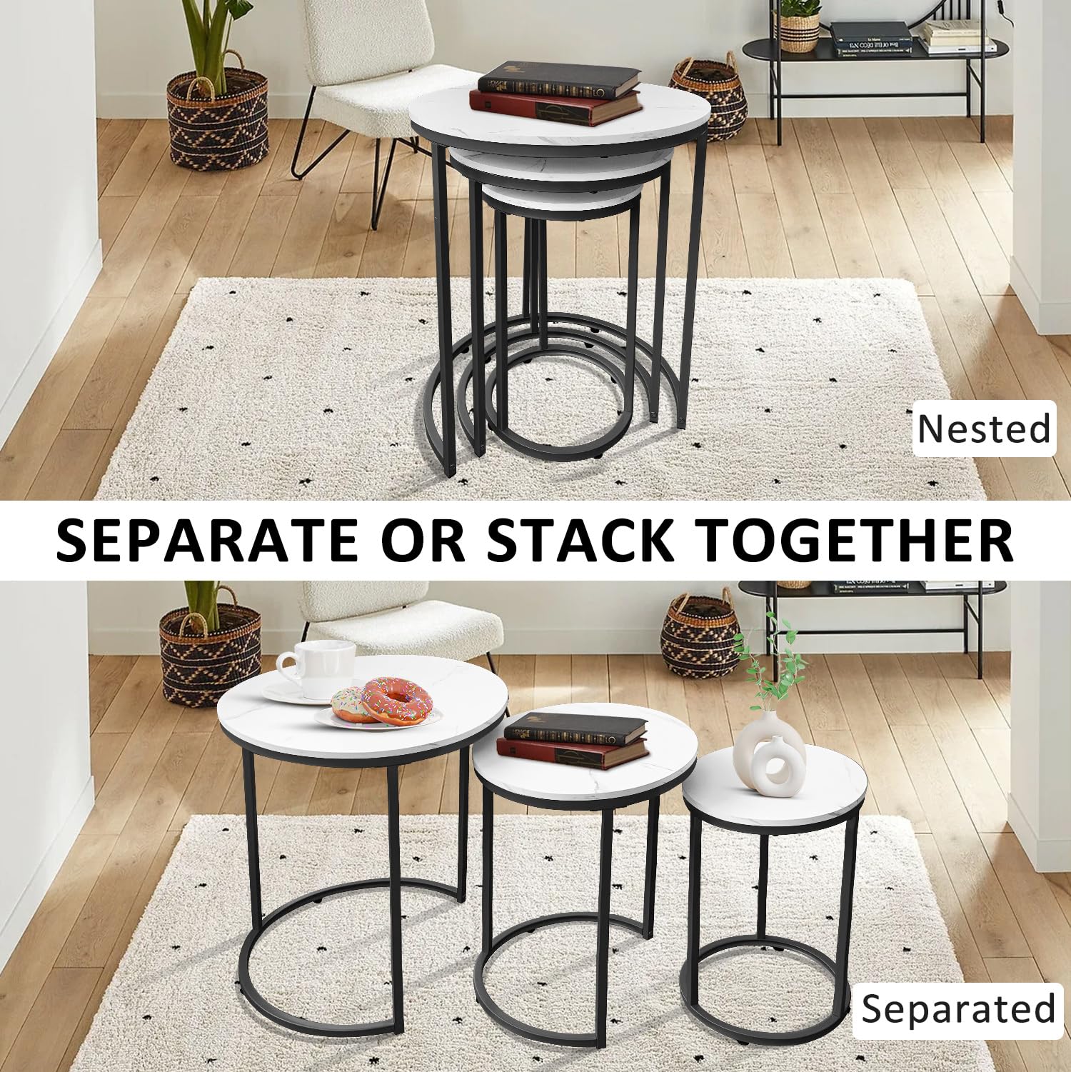 AT-VALY 3-Piece Round Nesting Coffee Table Set - Small Accent Side Tables for Living Room, Bedroom & Apartment (Black) | Space-Saving Modern Furniture for Small Spaces, Home Decor & Coffee Table Styling