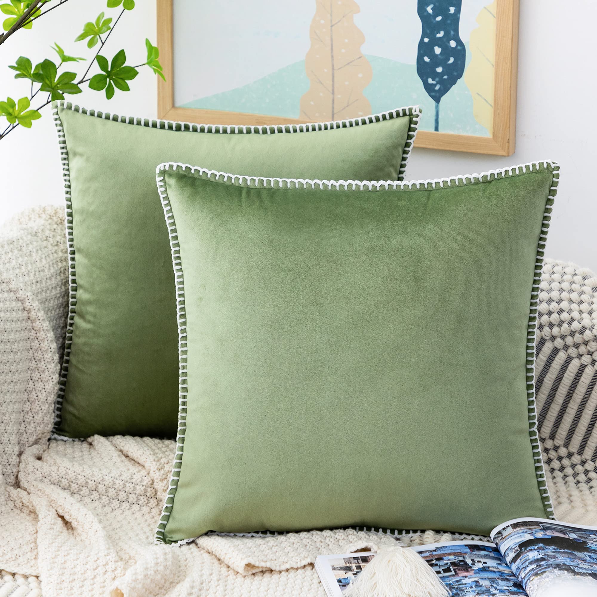 GAWAMAY 20x20 Inch Velvet Fall Throw Pillow Covers (Pack of 2) - Soft Solid Boho Decorative Pillow Cases with Chenille Thread Edge for Living Room, Sofa & Couch - Cozy Green Home Decor for Autumn & Winter Seasons