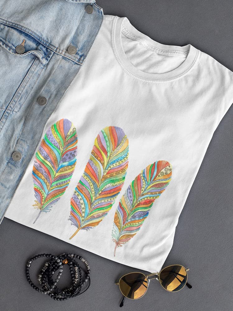Women's Three Rainbow Feathers Graphic T-Shirt - Soft Cotton Casual Tee for Everyday Wear, Street Style & Festival Outfits