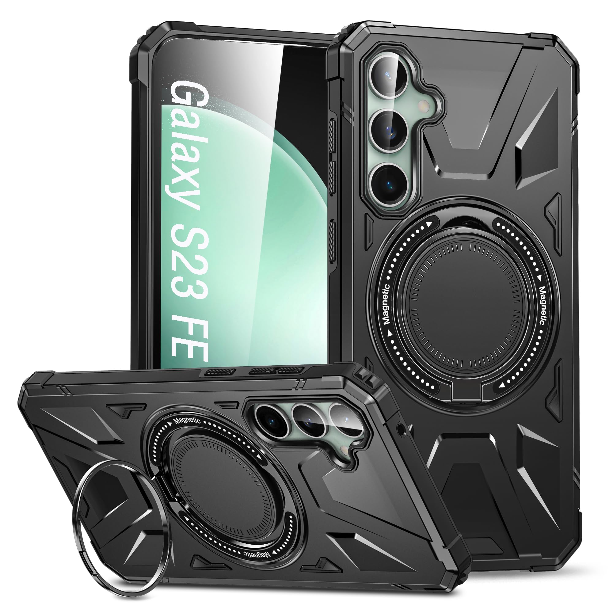 360° Rotatable Magnetic Phone Case for Samsung Galaxy S23 FE - MagSafe Compatible, Shockproof Cover with Stand - Perfect for Work, Travel & Wireless Charging (Black)