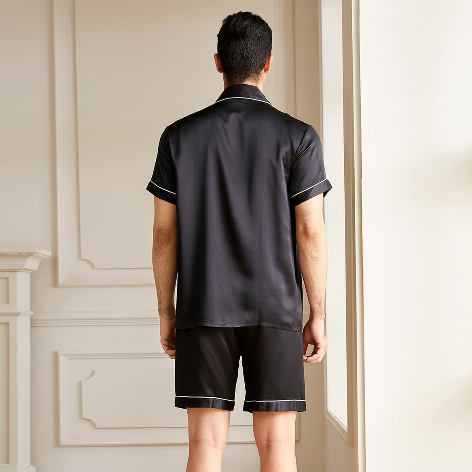 THXSILK Men's 100% Pure Mulberry Silk Pajama Set - Short Sleeve Shirt & Shorts | Luxury Sleepwear for Summer, Travel & Relaxation at Home