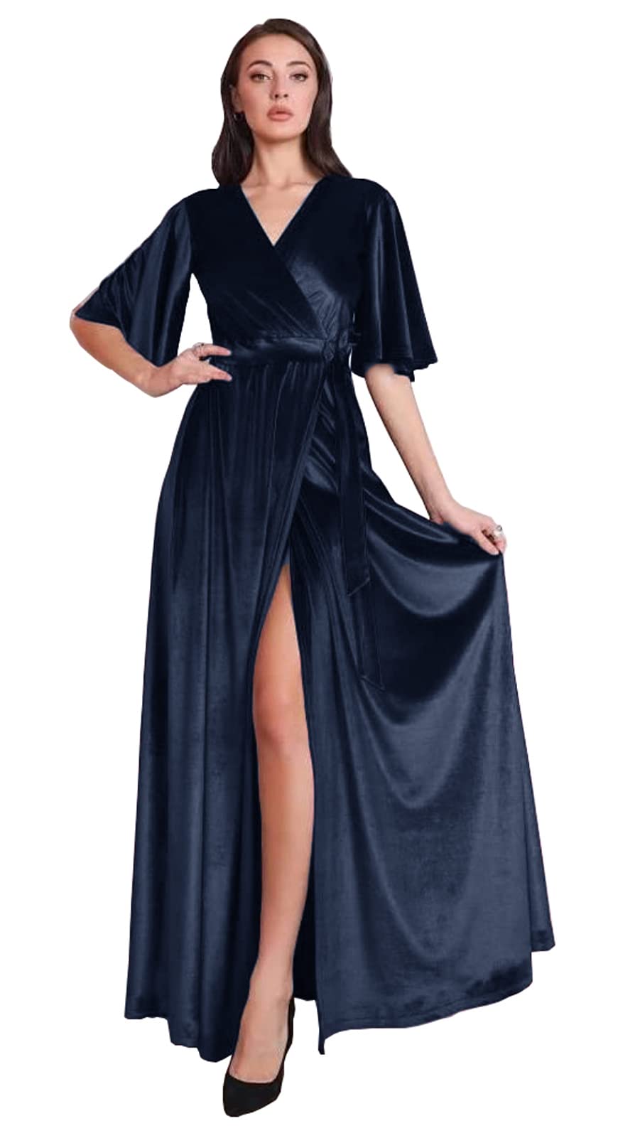 Elegant Velvet Prom Dress with Ruffle Sleeves & V Neck - Perfect for Weddings & Parties